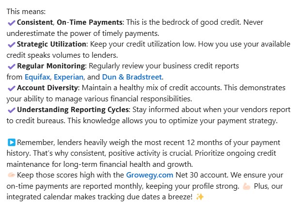 thegrowegy's tweet photo. Building #BusinessCredit is just the initial step; maintaining it is where true financial strength lies. Think of your business credit profile as a living financial record that requires consistent care. 🌱To keep your scores robust, actively manage your #Net30 accounts. https://t.co/cykIpEu5Bh