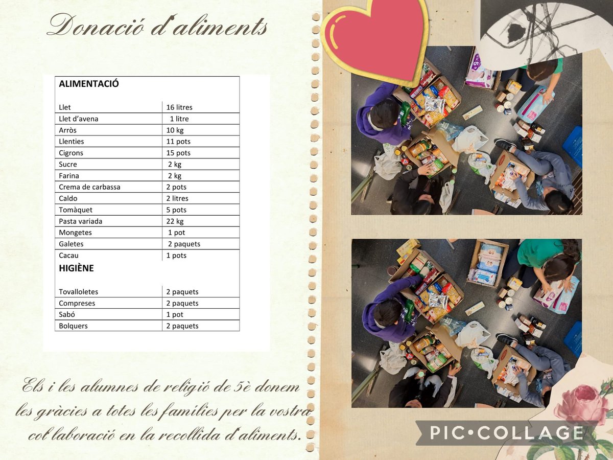 Els i les alumnes de religió de 5è volem donar les gràcies a totes les famílies per la vostra col·laboració a la recollida d’aliments.❤️