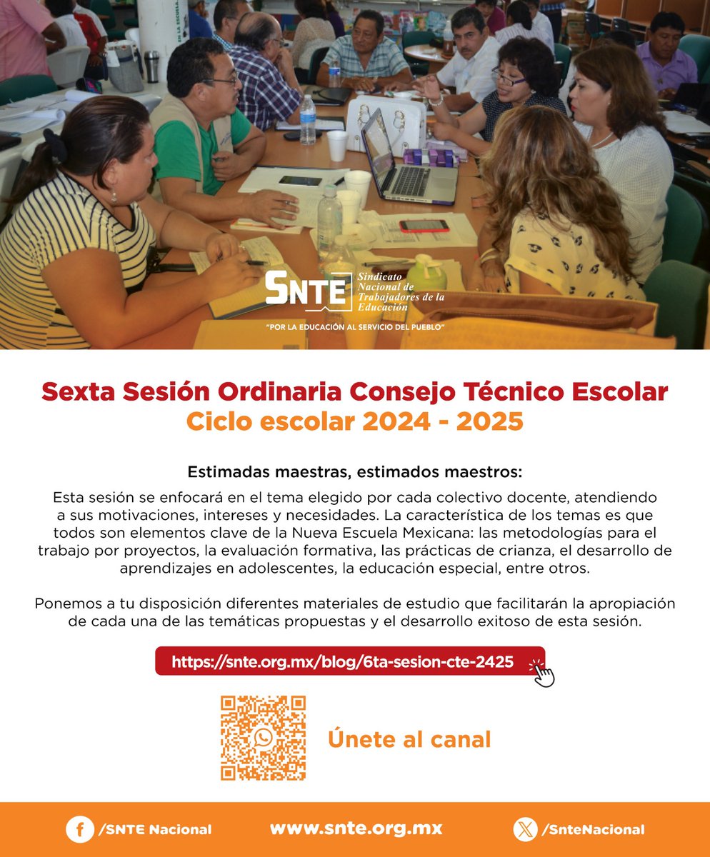 📢 ¡Atención!

👩🏻‍🏫👨🏻‍🏫 En la Sexta Sesión Ordinaria del Consejo Técnico Escolar 2024-2025, se abordarán temas clave de la Nueva Escuela Mexicana. Materiales disponibles para un aprendizaje exitoso. 📚✨ 
👉 acortar.link/Wy1NTU