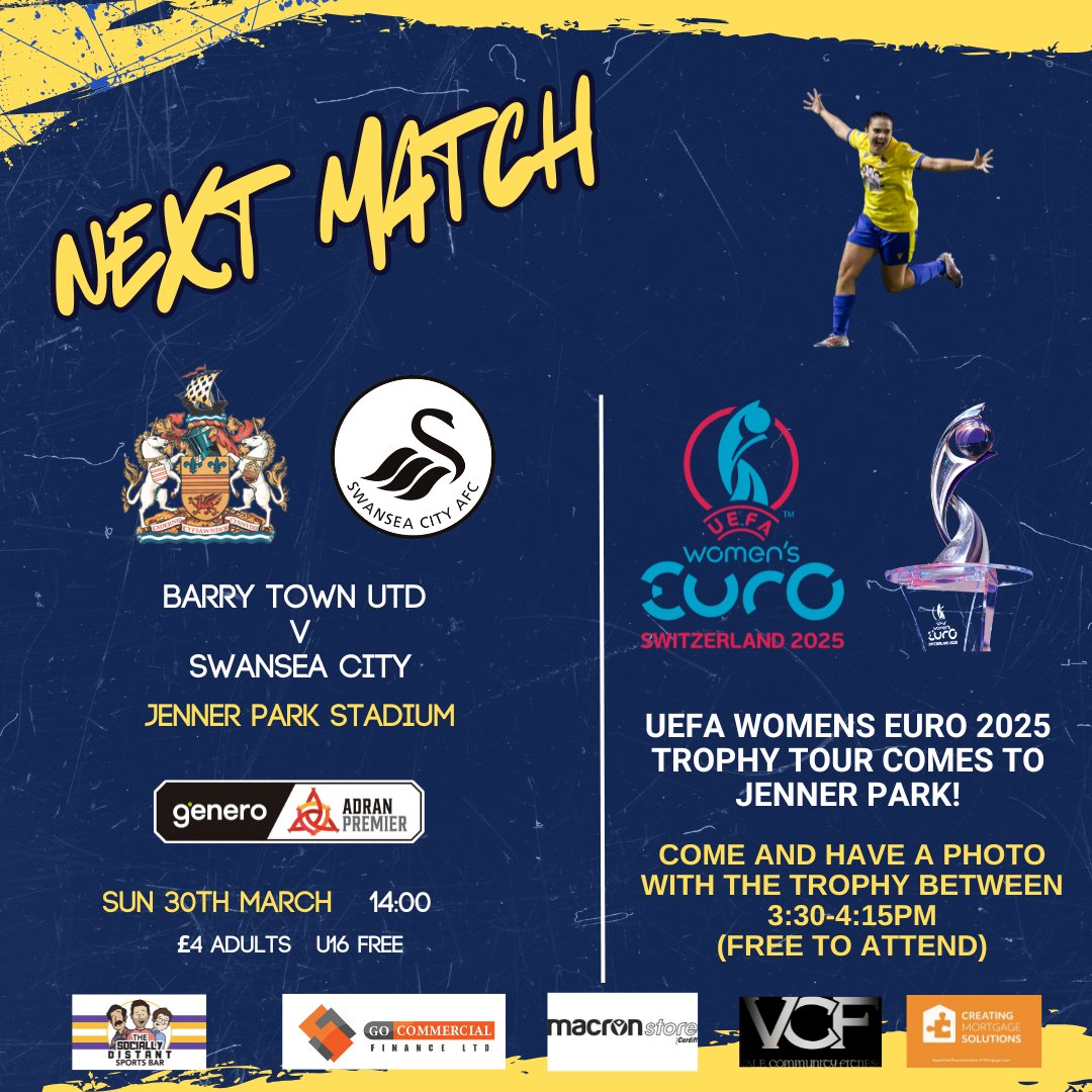 Barry Town Utd Women FC (@btuwomenfc) on Twitter photo ๐๐๐๐๐ ๐๐๐๐๐๐!
Join us for a Super Sunday as we take on <a href="/SwansWomen/">Swansea City Women</a> at <a href="/JennerPark3G/">Jenner Park</a>
We are also delighted to have the #WEURO2025 Trophy Tour visiting us between 3:30-4:15 - come and join us for some pics!
Tickets for the match ๐
bit.ly/4eEnrIC ๐๐๐๐๐ ๐๐๐๐๐๐!
Join us for a Super Sunday as we take on <a href="/SwansWomen/">Swansea City Women</a> at <a href="/JennerPark3G/">Jenner Park</a>
We are also delighted to have the #WEURO2025 Trophy Tour visiting us between 3:30-4:15 - come and join us for some pics!
Tickets for the match ๐
bit.ly/4eEnrIC