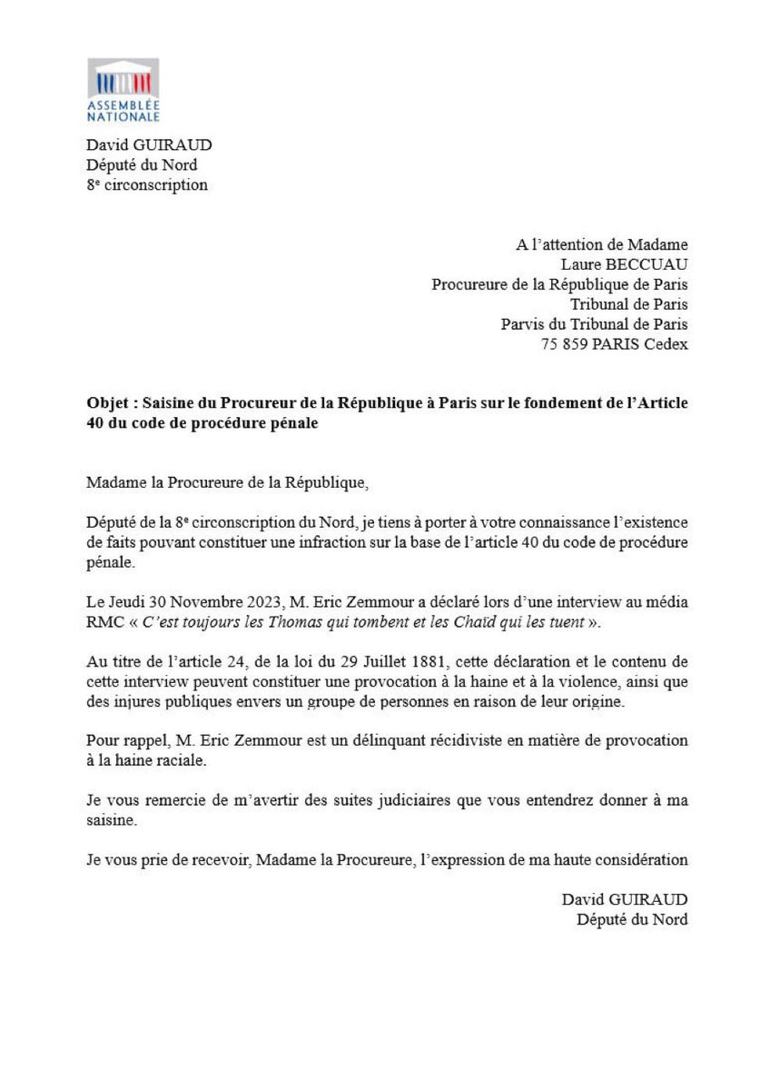 Mon signalement est allé au bout de son chemin. Eric Zemmour est aujourd’hui condamné pour injure raciale pour ses propos racistes tenus en 2023 !