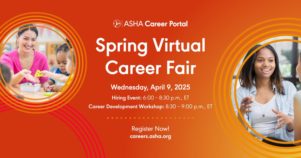 ASHA (@ashaweb) on Twitter photo Registration is now open for the FREE ASHA Spring Virtual Career Fair! Meet top employers looking for talented SLPs, SLPAs and SLP-CFs like you. Register today. at.asha.org/Ap
<a href="/AMNHealthcare/">AMN Healthcare</a> <a href="/JudgeGroup/">The Judge Group</a> <a href="/SSG_Careers/">The Stepping Stones Group</a>
#slpeeps #slp2b #careers #workingwednesday Registration is now open for the FREE ASHA Spring Virtual Career Fair! Meet top employers looking for talented SLPs, SLPAs and SLP-CFs like you. Register today. at.asha.org/Ap
<a href="/AMNHealthcare/">AMN Healthcare</a> <a href="/JudgeGroup/">The Judge Group</a> <a href="/SSG_Careers/">The Stepping Stones Group</a>
#slpeeps #slp2b #careers #workingwednesday