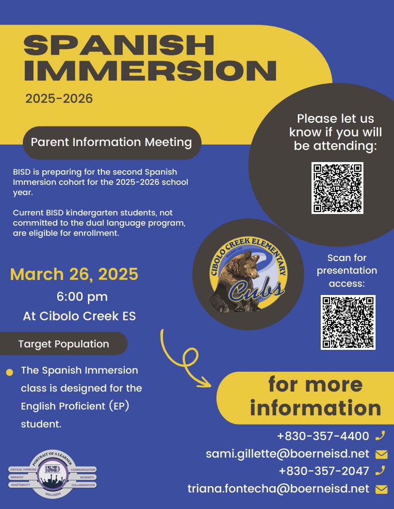 Boerne ISD (@boerneisd) on Twitter photo Interested in registering your student for our incredible Spanish Immersion program?
Join us tonight at Cibolo Creek Elementary School to learn how! Interested in registering your student for our incredible Spanish Immersion program?
Join us tonight at Cibolo Creek Elementary School to learn how!