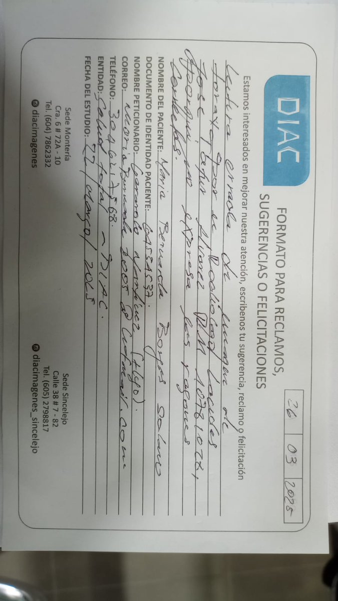 gamborjas06's tweet photo. @Supersalud la IPS DIAC, no le permite la rectificación de lectura de imagen de tórax de mi madre. La lectura de las imágenes es errada, probablemente sea una neumonía o bronquitis crónica. #sincelejo #Salud https://t.co/pf56eFC5Y2