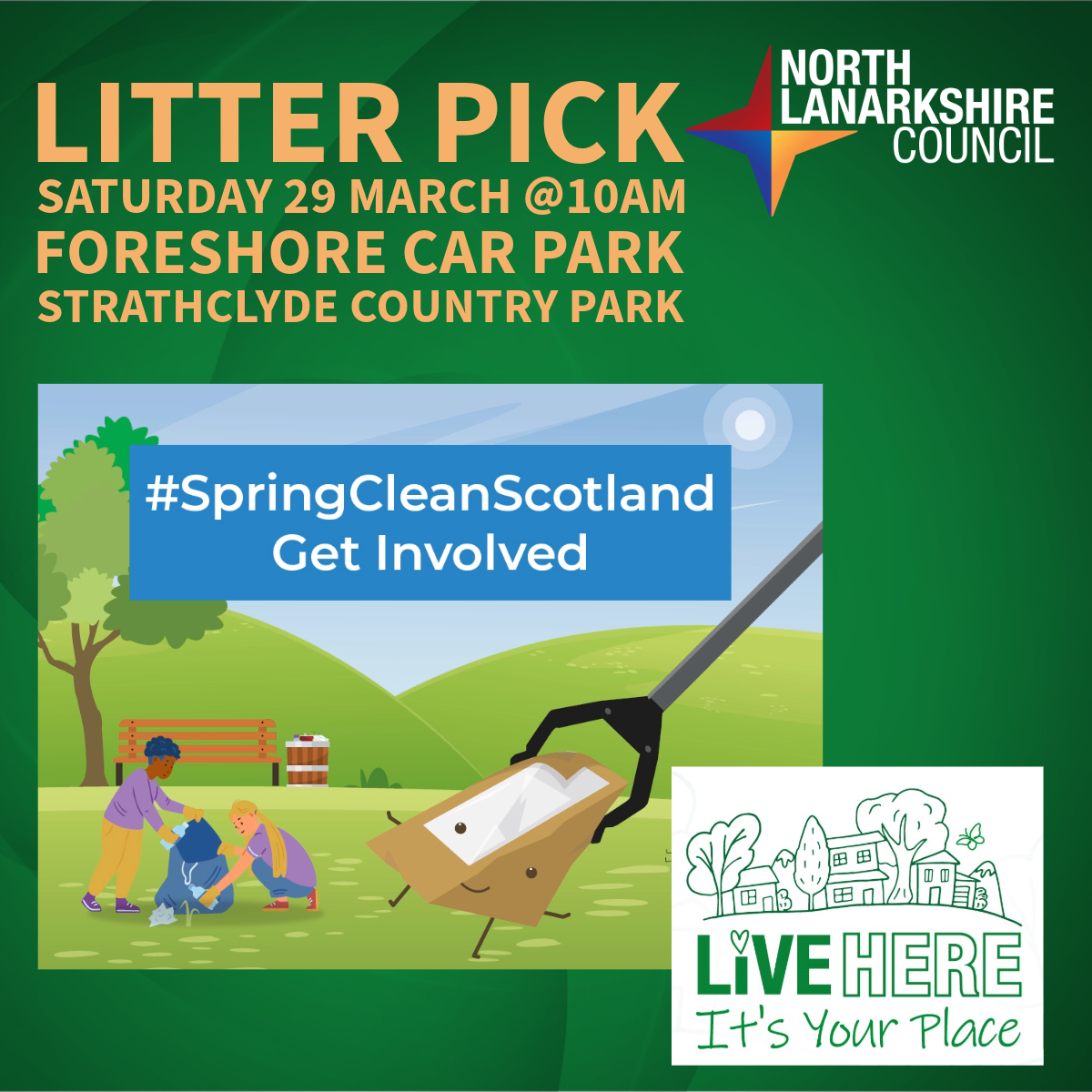 Join us and community group McClean Team Alba for litter pick at Strathclyde Park on Saturday 29 March.

UPDATE: Meet 10am at Foreshore Car Park. We'll provide litter picking equipment.

The event is part of Keep Scotland Beautiful's #SpringClean campaign. ow.ly/JXnQ50Vnt2w