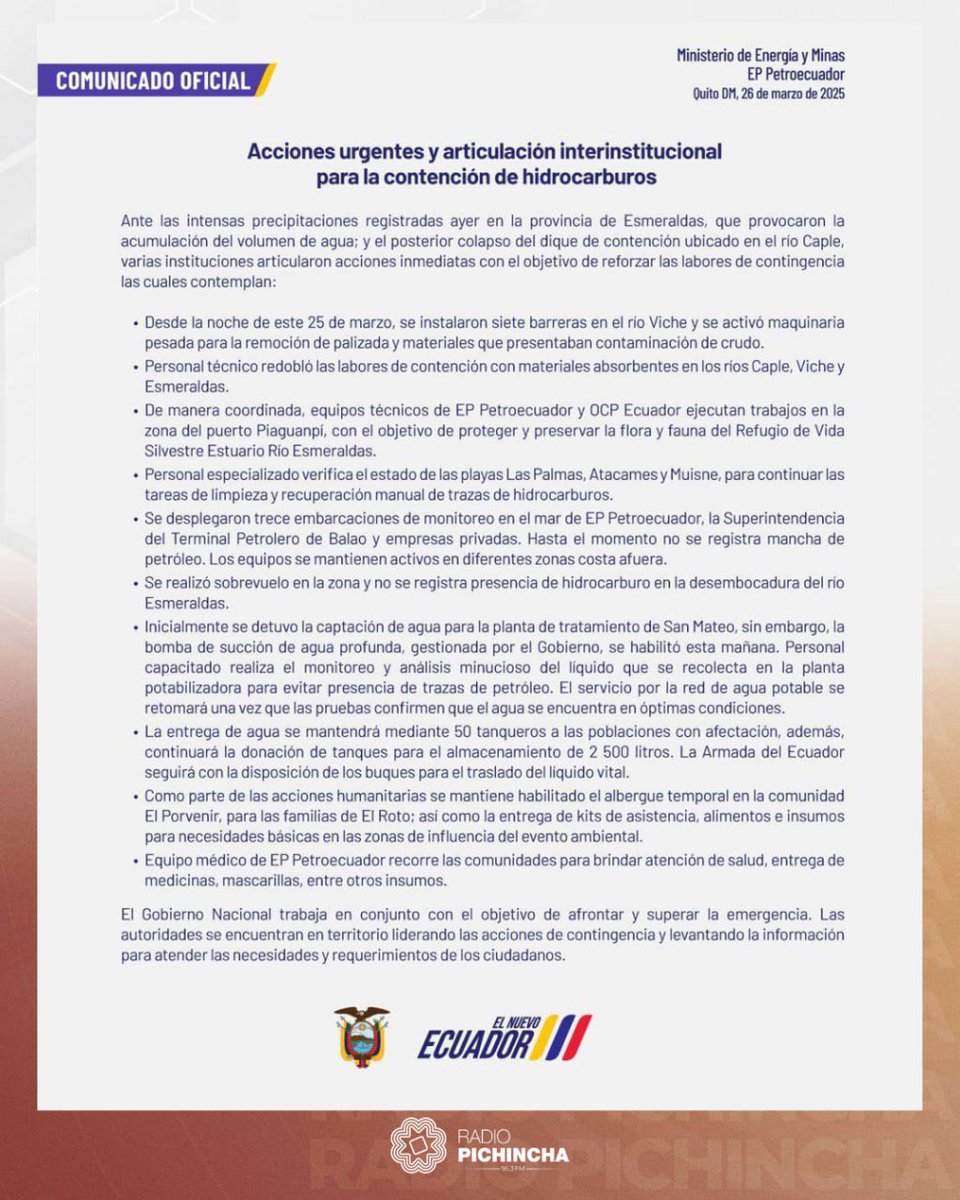 radio_pichincha's tweet image. ⭕️ #ATENCIÓN | El Ministerio de @RecNaturalesEC, junto a otras instituciones del Estado, ejecuta labores de contingencia, frente al colapso del dique de contención ubicado en el río #Caple, provocado por las fuertes lluvias registradas, este 25 de marzo, en la provincia de