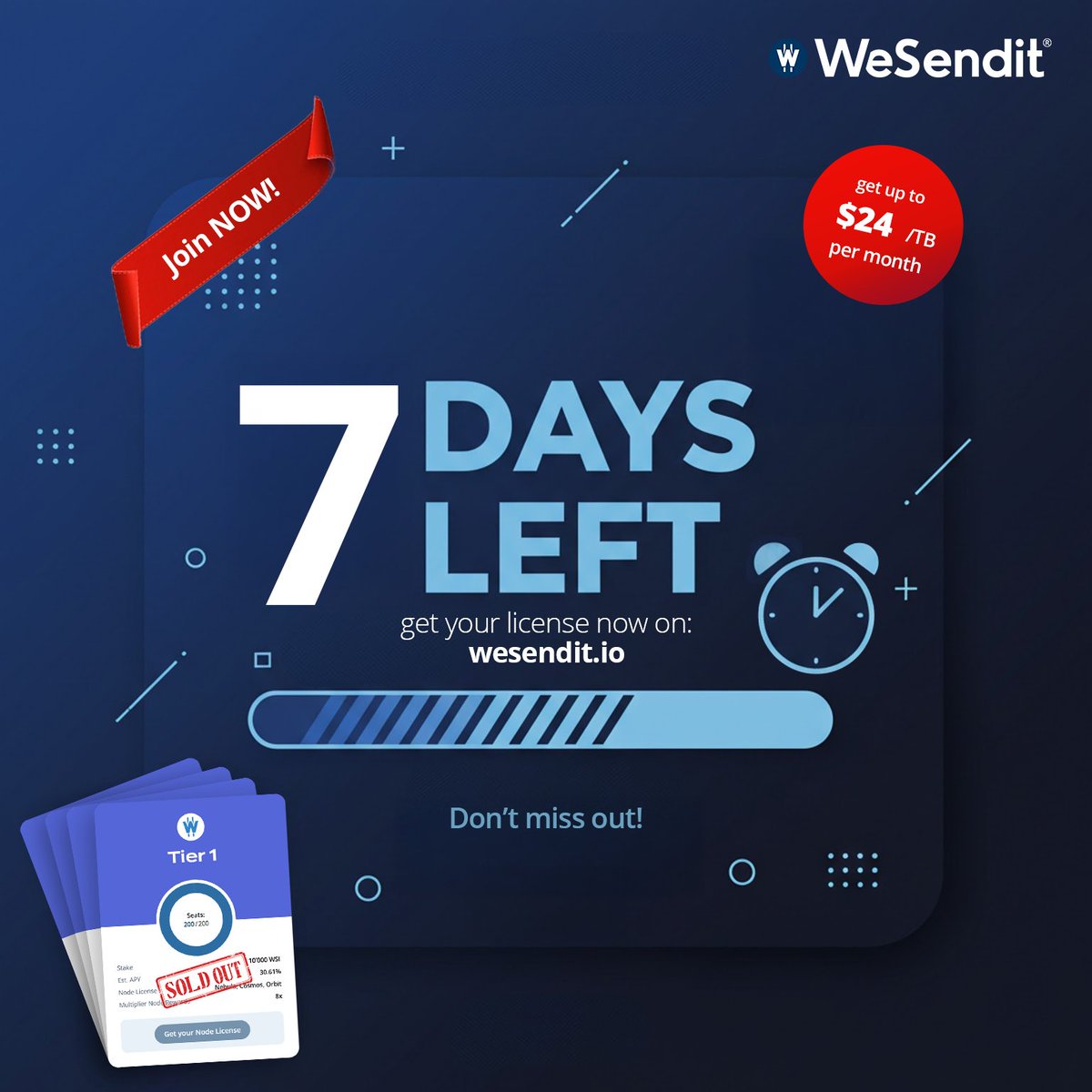 WeSendit's tweet photo. 🚨 FINAL 7 DAYS TO JOIN THE WESENDIT NODE REVOLUTION 🚨
 
Dear WeSendit Community,
 
The clock is ticking only 7 days left to secure your place in the future of decentralized file sharing. The WeSendit Node Presale is closing soon, and this is your final opportunity to lock in exclusive benefits before they’re gone forever.  
 
Why Act Now?
• 8x Reward Boost: Earn up to $24 per TB—the highest incentive rate during presale.  
• Unmatched Flexibility: Run Nebula, Orbit, or Cosmos Nodes seamlessly.
• Earn Passive Rewards: Generate $WSI tokens by supporting the network’s growth.  

👉 Secure Your Node License Today:
CLAIM YOUR NODE LICENSE NOW (https://t.co/FcBft3zVK2)
 
💡 Need More Details?
Join our Live AMA today at 7-8 PM UTC (https://t.co/HkNsp6HUrv) to ask questions and learn how to be part of this revolution.
 
⏳ Time is Running Out. Join thousands of early adopters already building the decentralized future with WeSendit.  
 
The Future Starts Here!