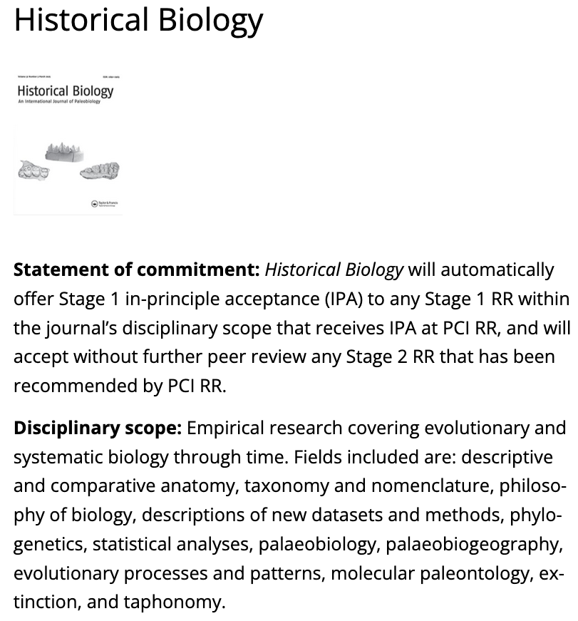 PCI Registered Reports (@pcirr@spore.social) (@pci_regreports) on Twitter photo 🚨We're very pleased to welcome Historical Biology <a href="/HistBiol/">Historical Biology</a> as our latest (and 36th) PCI RR-friendly journal!
Full journal entry: rr.peercommunityin.org/about/pci_rr_f…
Complete list of PCI RR-friendly journals: rr.peercommunityin.org/about/pci_rr_f… 🚨We're very pleased to welcome Historical Biology <a href="/HistBiol/">Historical Biology</a> as our latest (and 36th) PCI RR-friendly journal!
Full journal entry: rr.peercommunityin.org/about/pci_rr_f…
Complete list of PCI RR-friendly journals: rr.peercommunityin.org/about/pci_rr_f…