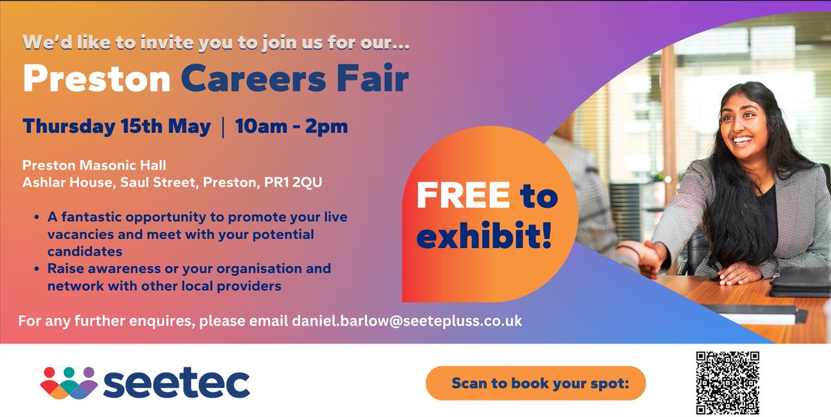 Looking for your next career opportunity?

Join National Careers Service at their Careers Fair in Preston city centre, on the 15th of May.

They'll be bringing together local employers, training providers, and support services to help you take the next step in your journey to