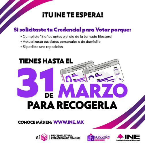 JoseHSantamaria's tweet photo. ¡Que no se te pase! Tienes hasta el 31 de marzo para recoger tu credencial para votar y ser parte de las primeras elecciones del Poder Judicial de la Federación. ⏰

#TuCredencialTeEspera #ParticipaciónCiudadanaPJ2025 https://t.co/r3gO39ioQZ