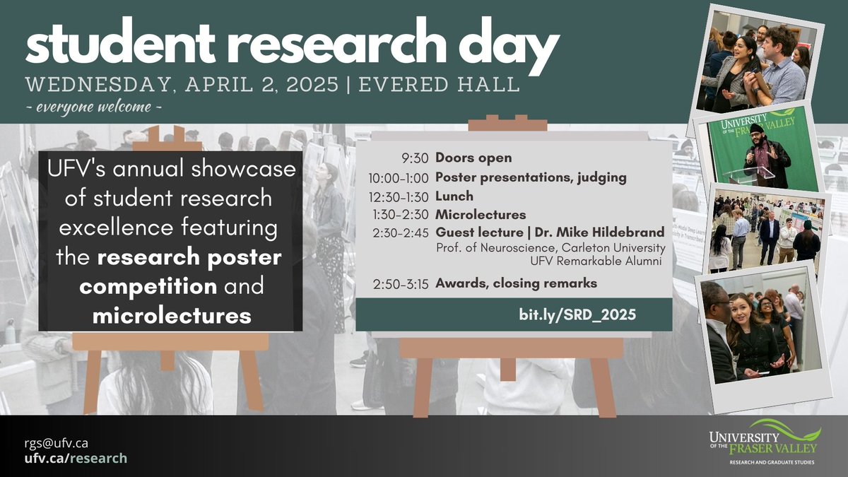 ONE WEEK TO GO!  Mark your calendars &amp; join us April 2 for our annual showcase of student research excellence. Everyone welcome! 💚

<a href="/goUFV/">U of Fraser Valley</a> <a href="/UFV_President/">Dr. Joanne MacLean</a> <a href="/UFVscience/">UFVscience</a> <a href="/ufvARTS/">UFV ARTS</a> <a href="/UFV_FECHD/">Education, Community, & Human Development @ UFV</a> <a href="/UFVbusinfo/">UFV Business School</a> <a href="/UFVComputing/">UFV School of Computing</a> <a href="/UFVhealth/">UFV Health Sciences</a>