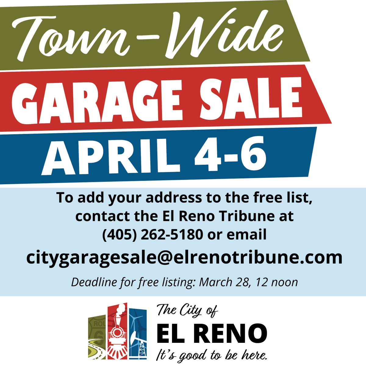 🛍️✨ The Town-Wide GARAGE SALE is set for April 4-6! No permit needed! 🏡💸 Want your address listed for FREE in the newspaper? The deadline is Friday, March 28, at noon! 📅☎️ Contact the El Reno Tribune at (405) 262-5180 or email citygaragesale@elrenotribune.com. #ElReno
