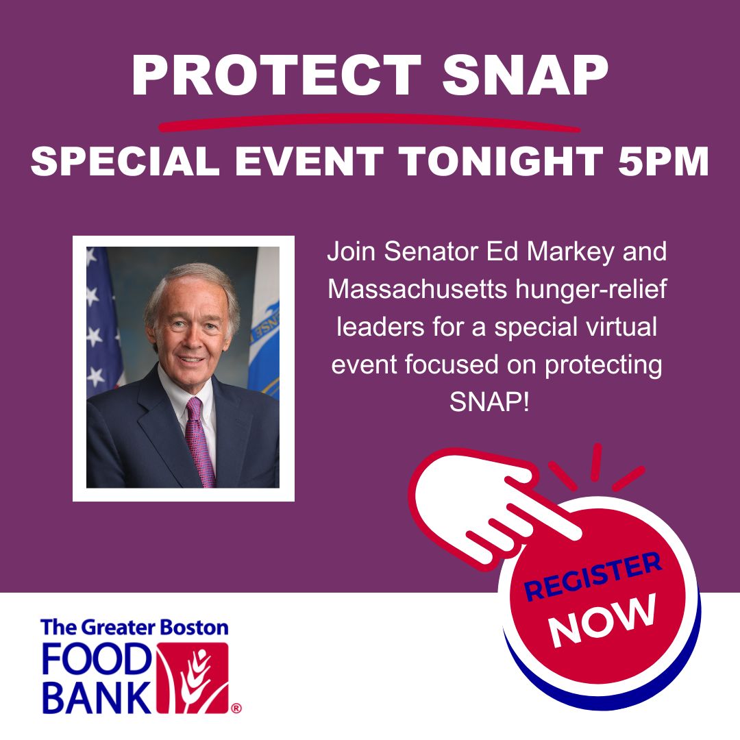 The Greater Boston Food Bank (@gr8bosfoodbank) on Twitter photo Join GBFB, <a href="/SenMarkey/">Ed Markey</a> <a href="/MassLawReform/">Massachusetts Law Reform Institute</a> <a href="/projectbread/">Project Bread</a> <a href="/FoodBankWMA/">Food Bank of Western Massachusetts</a> <a href="/WorcCtyFoodBank/">WorcesterCtyFoodBank</a> <a href="/MAFoodSys/">Mass Food System Collaborative</a> & <a href="/MVFoodBank/">Merrimack Valley Food Bank</a> TODAY at 5 PM ET for a discussion on protecting SNAP for millions of families. Register now: bit.ly/4c2imdi
#ProtectSNAP #SNAPMatters #EndHungerHere #MAPoli Join GBFB, <a href="/SenMarkey/">Ed Markey</a> <a href="/MassLawReform/">Massachusetts Law Reform Institute</a> <a href="/projectbread/">Project Bread</a> <a href="/FoodBankWMA/">Food Bank of Western Massachusetts</a> <a href="/WorcCtyFoodBank/">WorcesterCtyFoodBank</a> <a href="/MAFoodSys/">Mass Food System Collaborative</a> & <a href="/MVFoodBank/">Merrimack Valley Food Bank</a> TODAY at 5 PM ET for a discussion on protecting SNAP for millions of families. Register now: bit.ly/4c2imdi
#ProtectSNAP #SNAPMatters #EndHungerHere #MAPoli