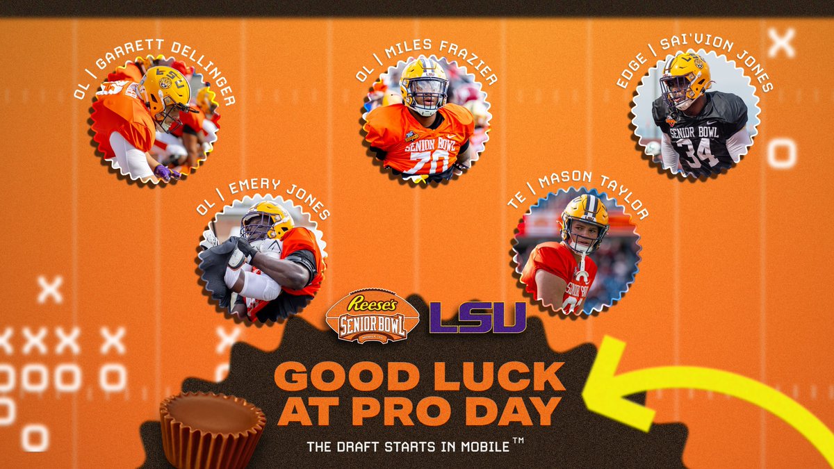 Reese's Senior Bowl (@seniorbowl) on Twitter photo Good luck to our Tigers that are expected to compete today <a href="/LSUfootball/">LSU Football</a> Pro Day!
Garrett Dellinger <a href="/GDellinger2021/">Garrett Dellinger</a>
Miles Frazier <a href="/milesfrazier15/">BIG.ZEEK_</a>
Sai'vion Jones <a href="/SaivionJ/">Saivion Jones</a>
Emery Jones <a href="/Emeryjones50_/">Emery Jones</a>
Mason Taylor <a href="/MasonTaylor52/">Mason Taylor</a>
#thedraftstartsinMobile Good luck to our Tigers that are expected to compete today <a href="/LSUfootball/">LSU Football</a> Pro Day!
Garrett Dellinger <a href="/GDellinger2021/">Garrett Dellinger</a>
Miles Frazier <a href="/milesfrazier15/">BIG.ZEEK_</a>
Sai'vion Jones <a href="/SaivionJ/">Saivion Jones</a>
Emery Jones <a href="/Emeryjones50_/">Emery Jones</a>
Mason Taylor <a href="/MasonTaylor52/">Mason Taylor</a>
#thedraftstartsinMobile