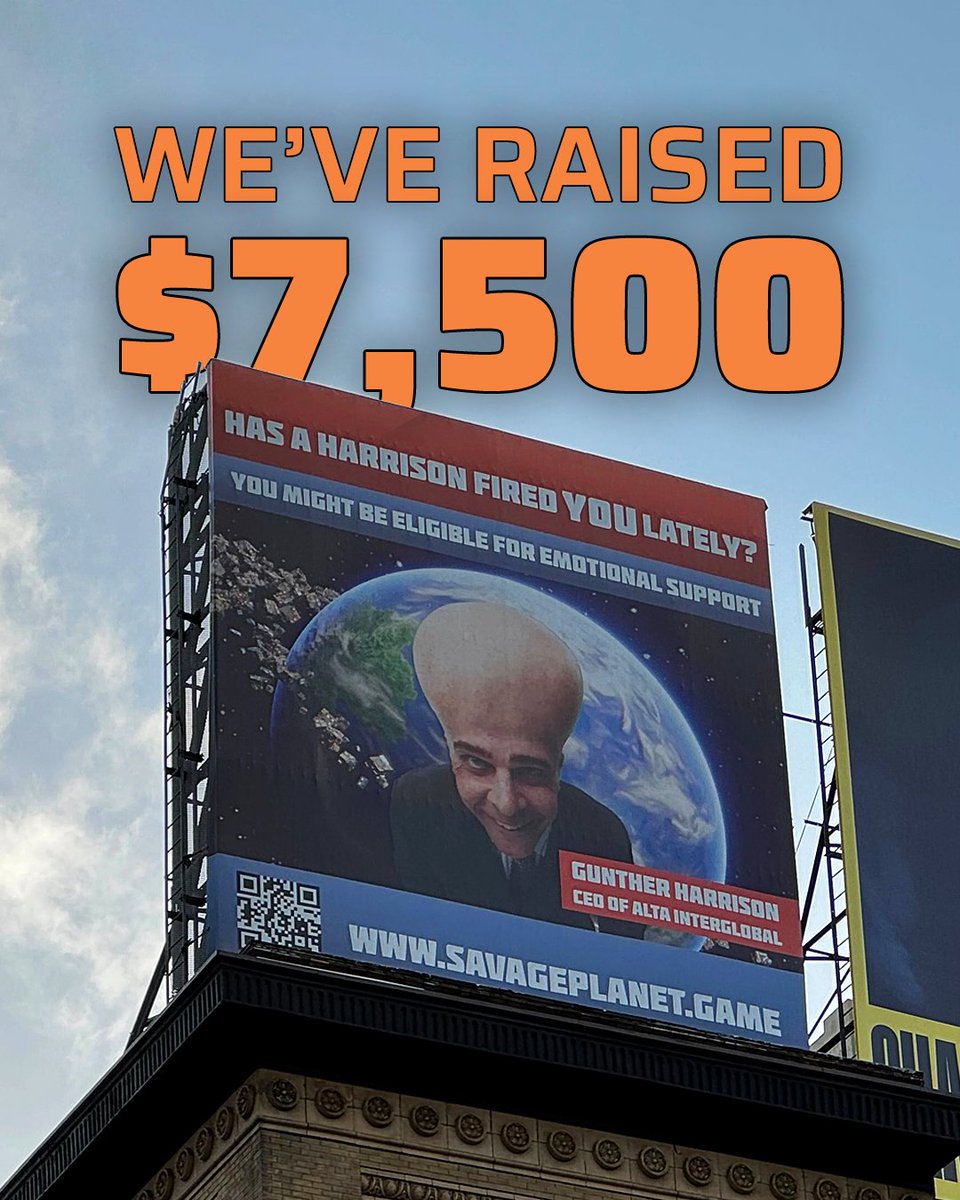 Revenge of the Savage Planet (@savageplanethub) on Twitter photo Take that, Gunther! ✊
Courtesy of you generous space explorers, we've raised a MASSIVE $7,500 for <a href="/CMHA_NTL/">CMHA National</a> with our billboard in San Francisco 🧡 Take that, Gunther! ✊
Courtesy of you generous space explorers, we've raised a MASSIVE $7,500 for <a href="/CMHA_NTL/">CMHA National</a> with our billboard in San Francisco 🧡