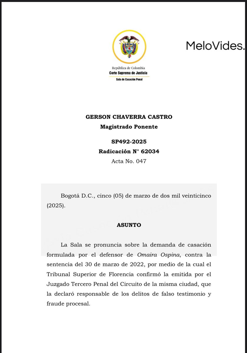 Camilo Andres Rojas Castro (@camilo8rojas) on Twitter photo Corte Suprema de Justicia
M.P. Gerson Chaverra Castro
SP492-2025 (05/03/2025)
Fraude procesal y reparación administrativa por muerte violenta
La <a href="/CorteSupremaJ/">Corte Suprema de Justicia</a> casó la sentencia condenatoria contra Omaira Ospina por fraude procesal y falso testimonio, al considerar que su Corte Suprema de Justicia
M.P. Gerson Chaverra Castro
SP492-2025 (05/03/2025)
Fraude procesal y reparación administrativa por muerte violenta
La <a href="/CorteSupremaJ/">Corte Suprema de Justicia</a> casó la sentencia condenatoria contra Omaira Ospina por fraude procesal y falso testimonio, al considerar que su