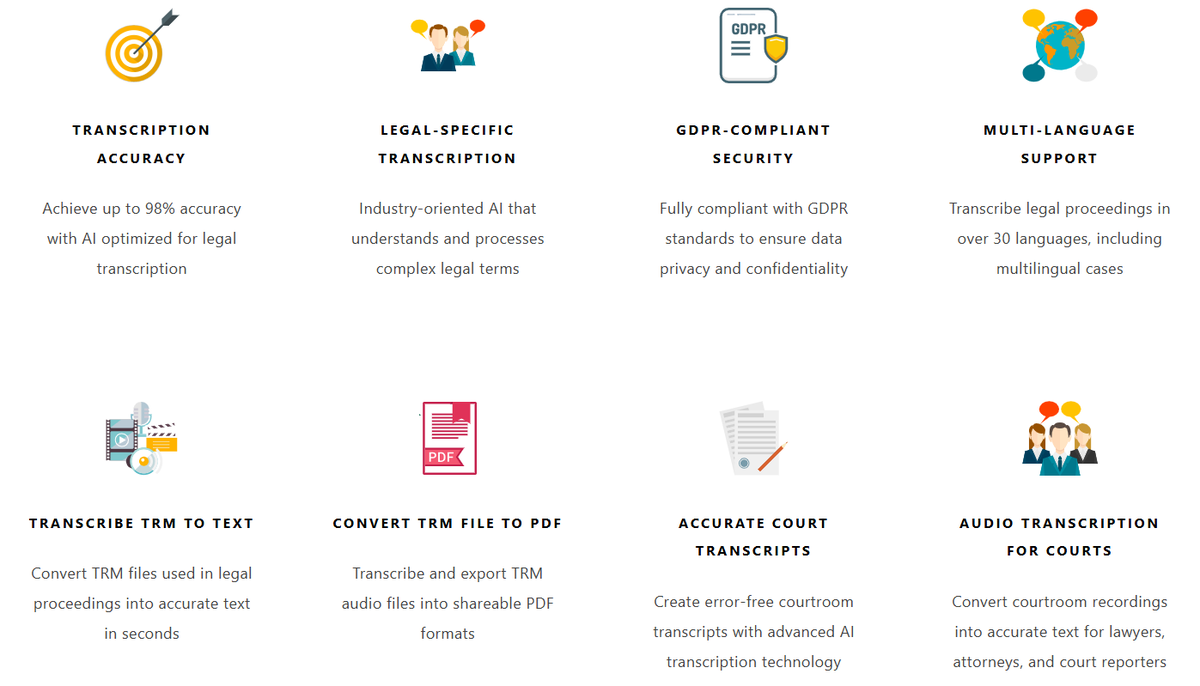 SpeechTextAI's tweet image. Experience AI-powered legal transcription with TRM file support! Benefit from fast, accurate transcripts designed for legal proceedings. Features include multi-language support, GDPR-compliant security, and TRM-to-text/PDF conversion.
Learn more at speechtext.ai/legal-transcri…