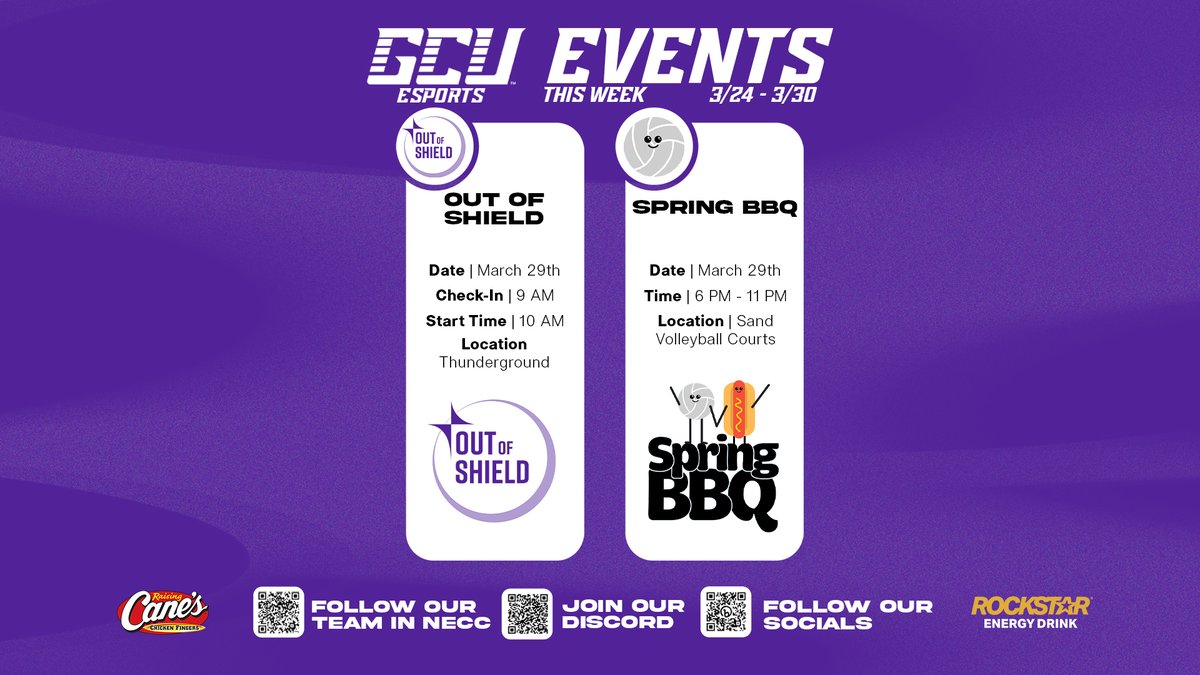 Esports_GCU's tweet photo. Our scholarship teams are headed into playoffs! Also, OOS and Spring BBQ are coming up this weekend!! Stay tuned for more details!

Playoffs will be streamed on our YouTube and Twitch!
🔗https://t.co/yJmQRWnXnT
🔗https://t.co/CJFpnGnWAI

#esports #gcuesports #gaming #LopesUp https://t.co/2LOuhJeg4g