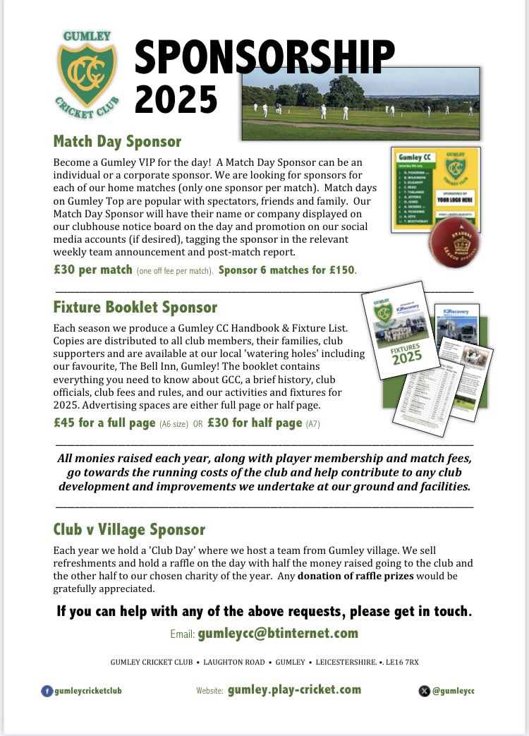 Help <a href="/gumleycc/">Gumley Cricket Club</a> this coming season 💚💛