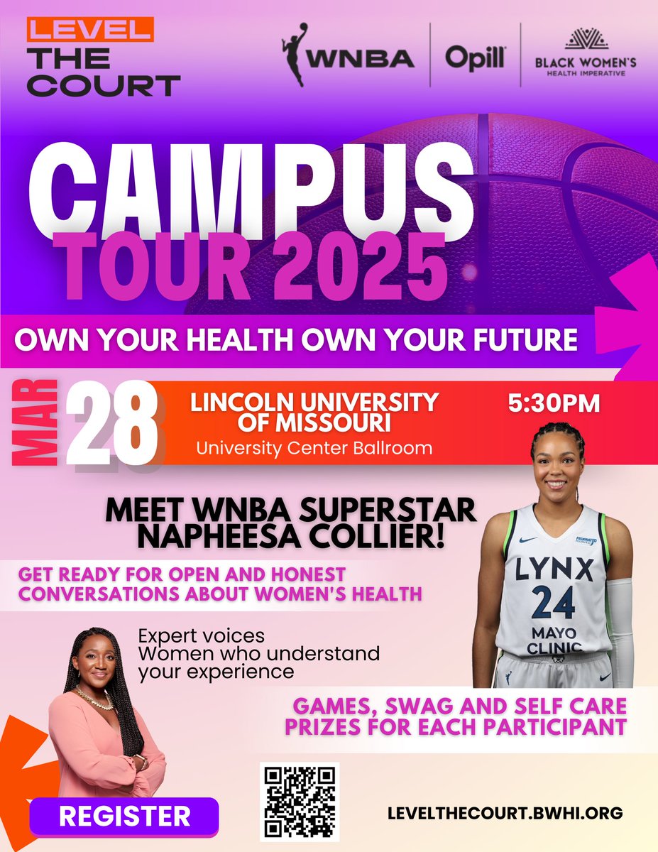 🎉 WNBA Star Napheesa Collier is Coming to Campus! 🏀💜 Join us at Lincoln University on March 28 at 5:30 p.m. for an empowering event with an inspiring discussion on women’s health, a meet &amp; greet, swag, and more! 💪
📅 Register Now: tinyurl.com/47yu76n9
<a href="/WNBA/">WNBA</a> #LevelTheCourt