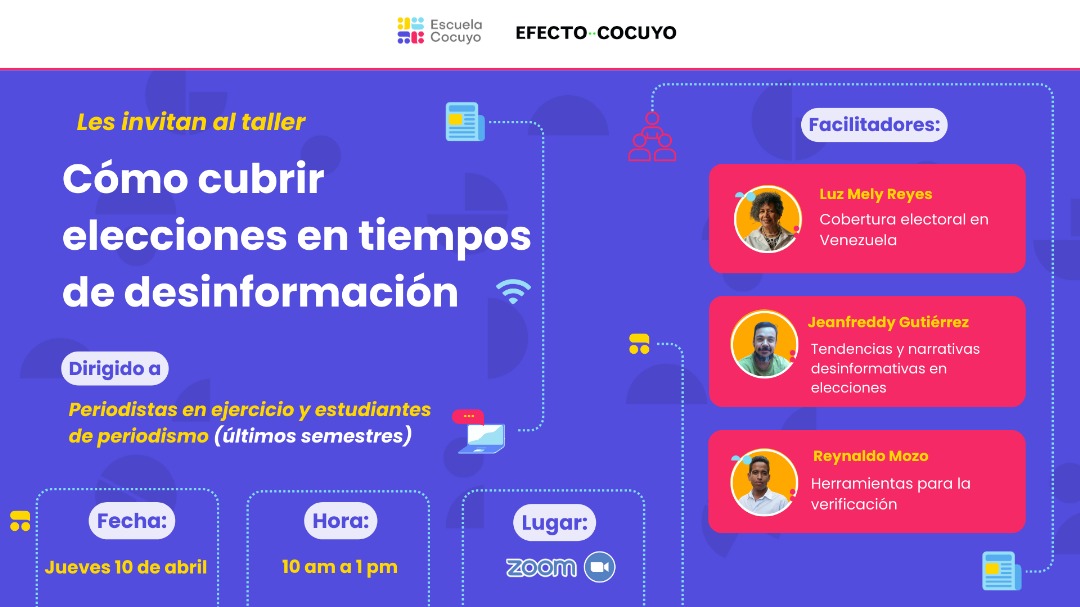 El 10 de abril, únete al taller online de #EscuelaCocuyo y aprende de <a href="/LuzMelyReyes/">Luz Mely Reyes</a>, <a href="/jeanfreddy/">Jeanfreddy Gutiérrez Torres</a> y <a href="/reymozo/">Reynaldo Mozo Zambrano</a>, sobre cómo cubrir elecciones en tiempos de desinformación. ¡Inscríbete ya! ➡️bit.ly/4bLpKtt