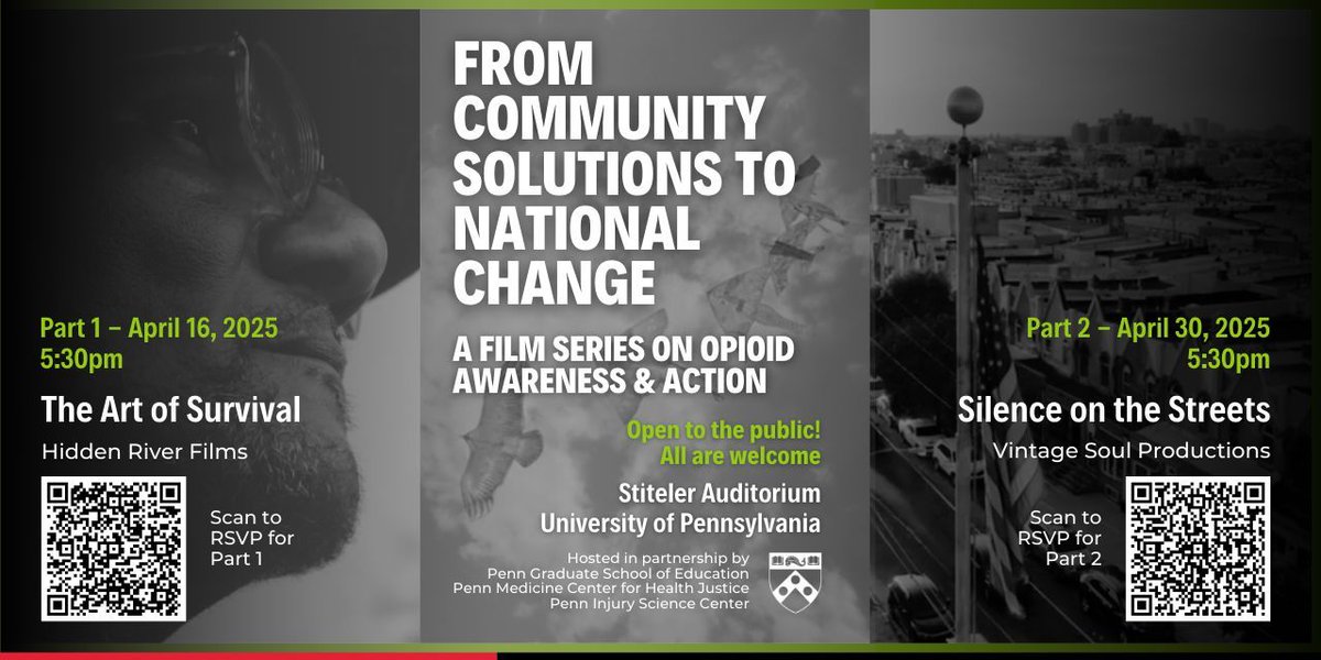 Penn Injury Science Center (@penninjury) on Twitter photo Join us for a two-part documentary series on opioid awareness and action, hosted by <a href="/PennGSE/">Penn GSE</a>, <a href="/PennInjury/">Penn Injury Science Center</a>, and <a href="/PennMedicine/">Penn Medicine</a> Center for Health Justice. Screenings on April 16 and April 30, 2025, at 5:30 pm, followed by panels & more. buff.ly/xCjVpd8 Join us for a two-part documentary series on opioid awareness and action, hosted by <a href="/PennGSE/">Penn GSE</a>, <a href="/PennInjury/">Penn Injury Science Center</a>, and <a href="/PennMedicine/">Penn Medicine</a> Center for Health Justice. Screenings on April 16 and April 30, 2025, at 5:30 pm, followed by panels & more. buff.ly/xCjVpd8