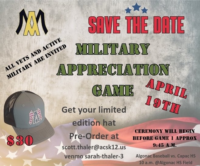 Algonac Baseball (@algonacbaseball) on Twitter photo Algonac Baseball Presents:
Military Appreciation Day 2025
Algonac vs. Capac 10 a.m.
Charyl Stockwell vs. Capac 12:30
Algonac vs. Charyl Stockwell 3:00
<a href="/AHSMuskrats/">Algonac High School</a> Algonac Baseball Presents:
Military Appreciation Day 2025
Algonac vs. Capac 10 a.m.
Charyl Stockwell vs. Capac 12:30
Algonac vs. Charyl Stockwell 3:00
<a href="/AHSMuskrats/">Algonac High School</a>
