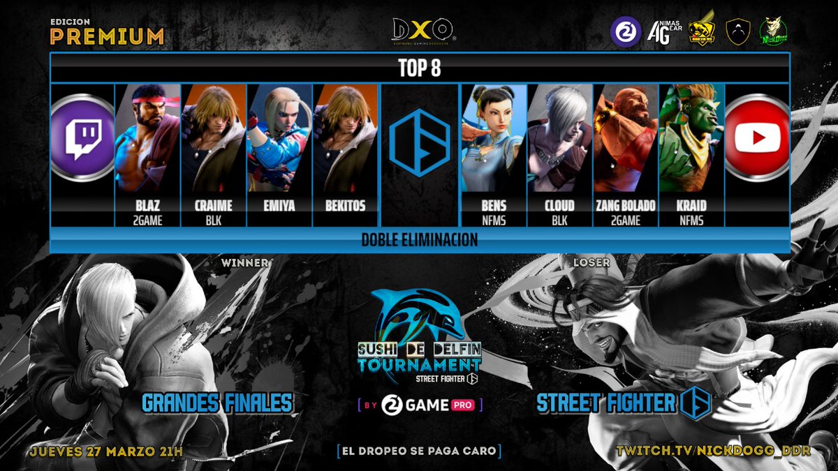 Sushi de Delfín Marzo: Finales!
Blaz, Craime, Emiya, Bekitos, Bens, Cloud, Bolado, y Kraid se juegan la vida en el top8 final, que entrega $15usd al ganador y el derecho a enfrentarse a Shaka, por la FINALISIMA FT5 por 20usd cortesía de 2game
twitch.tv/nickdogg_ddr 
Jue 21 hs
