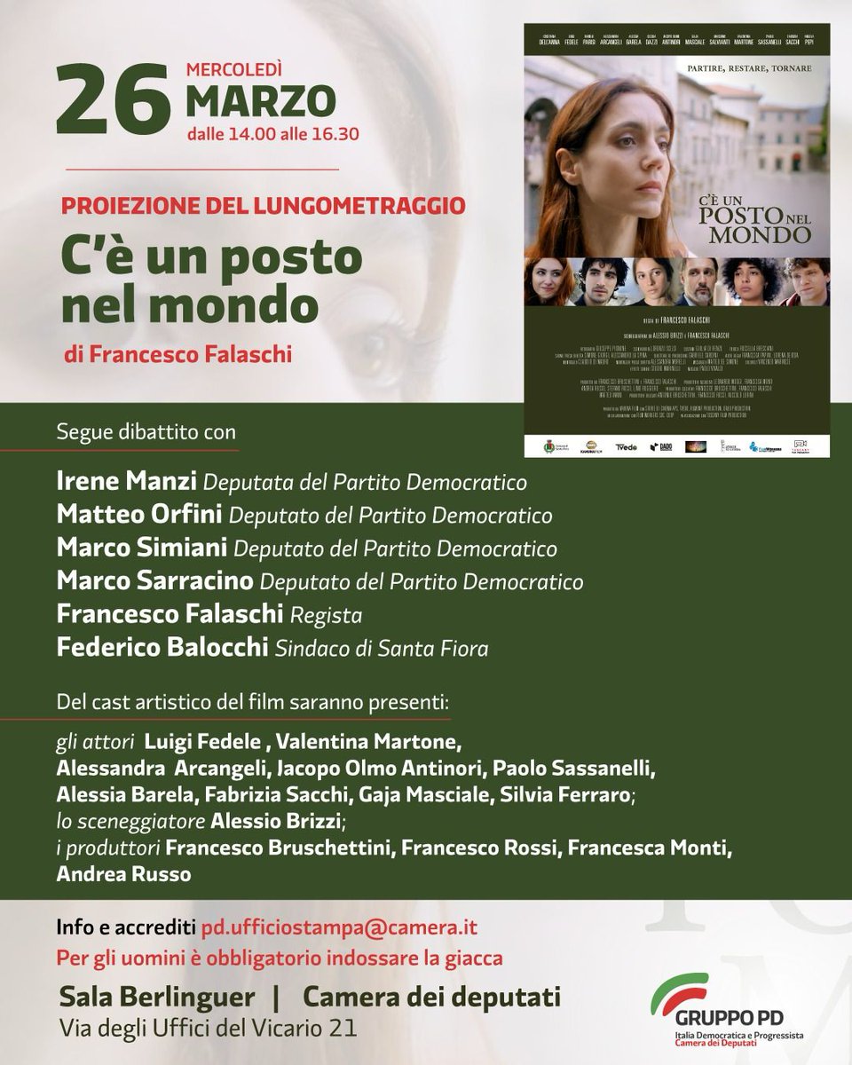 marcosimiani (@marcosimiani) on Twitter photo 🎬 "C’è un posto nel mondo" di Francesco Falaschi in anteprima alla Camera dei Deputati
🎟 𝑷𝒆𝒓 𝒑𝒂𝒓𝒕𝒆𝒄𝒊𝒑𝒂𝒓𝒆, 𝒆̀ 𝒏𝒆𝒄𝒆𝒔𝒔𝒂𝒓𝒊𝒐 𝒂𝒄𝒄𝒓𝒆𝒅𝒊𝒕𝒂𝒓𝒔𝒊 scrivendo a 👉 pd.ufficiostampa@camera.it
#cinema #simiani #marcosimiani #ceunpostonelmondo #amiata 🎬 "C’è un posto nel mondo" di Francesco Falaschi in anteprima alla Camera dei Deputati
🎟 𝑷𝒆𝒓 𝒑𝒂𝒓𝒕𝒆𝒄𝒊𝒑𝒂𝒓𝒆, 𝒆̀ 𝒏𝒆𝒄𝒆𝒔𝒔𝒂𝒓𝒊𝒐 𝒂𝒄𝒄𝒓𝒆𝒅𝒊𝒕𝒂𝒓𝒔𝒊 scrivendo a 👉 pd.ufficiostampa@camera.it
#cinema #simiani #marcosimiani #ceunpostonelmondo #amiata