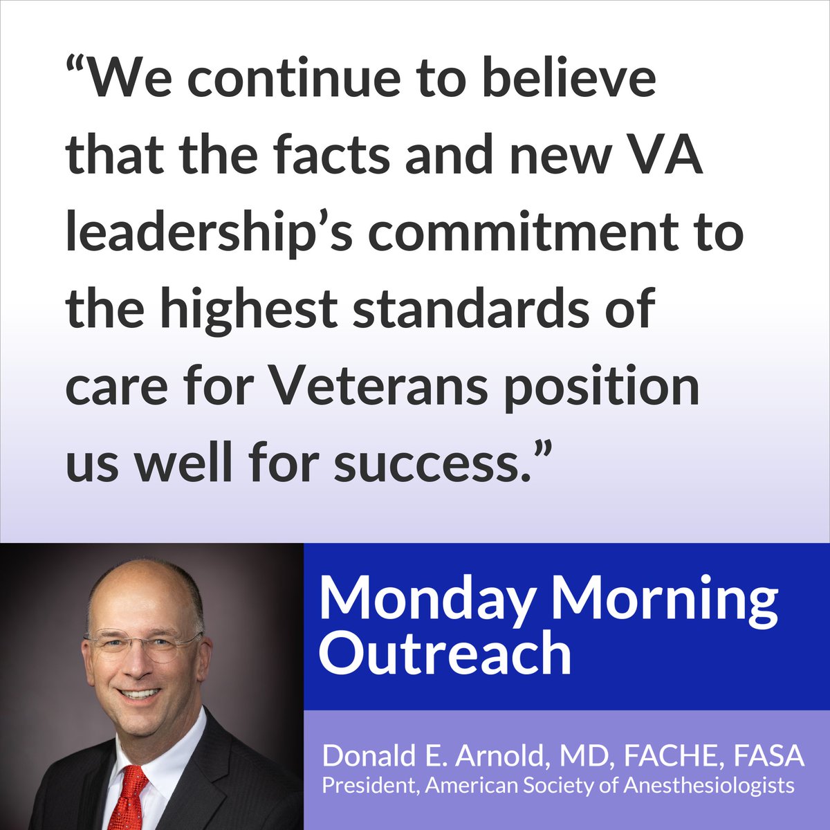 ASA® (@asalifeline) on Twitter photo ASA President <a href="/dearnoldmd/">Don Arnold, MD, FACHE, FASA</a> reiterates ASA's strong stance on preserving physician-led anesthesia care for Veterans. Members: Read more in this week's MMO, and keep an eye out for a grassroots call to action coming soon. ow.ly/tSO550Vmow4 ASA President <a href="/dearnoldmd/">Don Arnold, MD, FACHE, FASA</a> reiterates ASA's strong stance on preserving physician-led anesthesia care for Veterans. Members: Read more in this week's MMO, and keep an eye out for a grassroots call to action coming soon. ow.ly/tSO550Vmow4