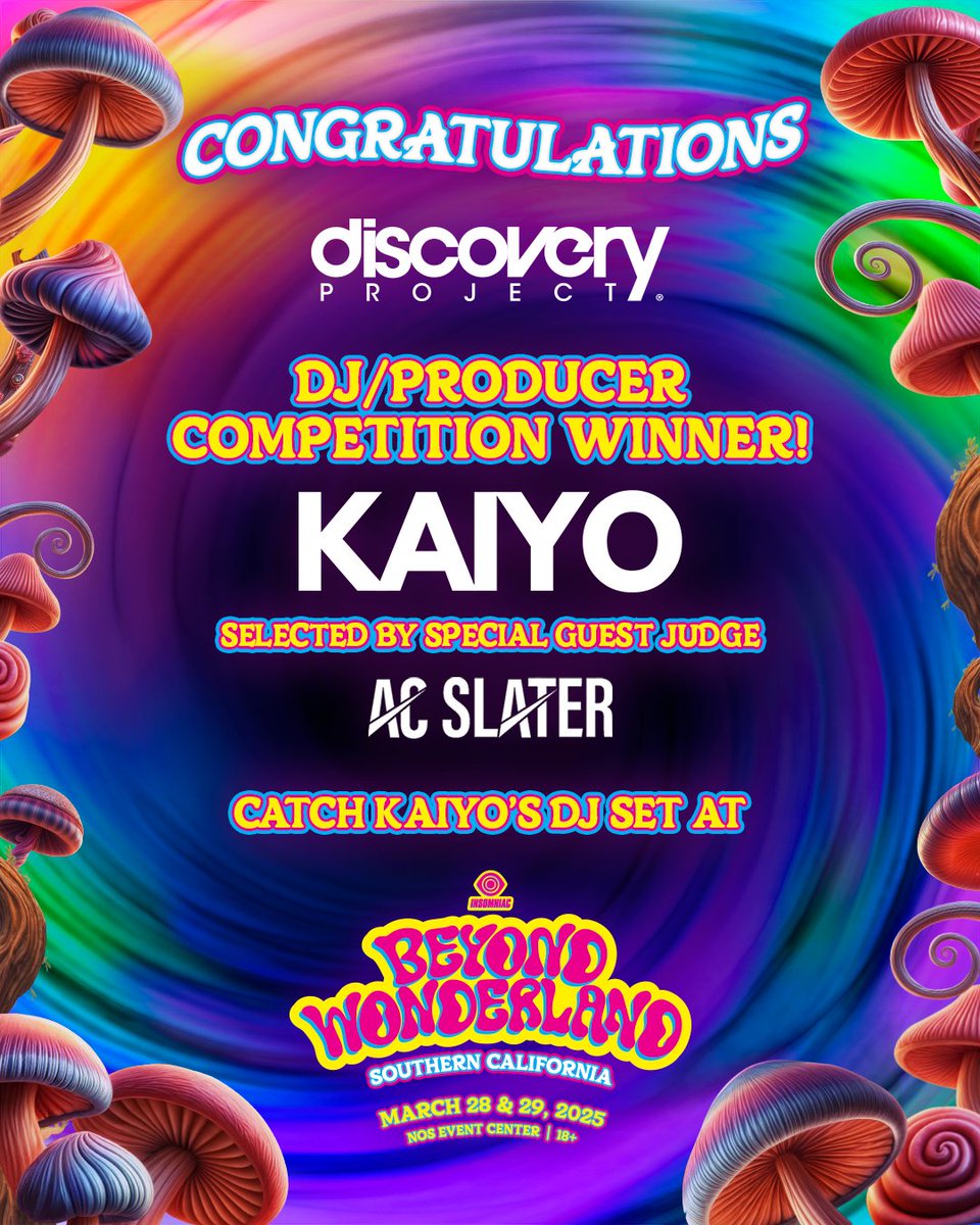 Congratulations to our <a href="/BeyondWland/">Beyond Wonderland</a> #DiscoveryProject winner, <a href="/KaiyoMusic/">Kaiyo</a> 🗝✨ Hand selected by our guest judge, <a href="/djacslater/">AC Slater</a>💥 

Get ready to catch his set at the Queens Domain stage on Saturday, March 29th from 4PM - 4:50PM! 👀
