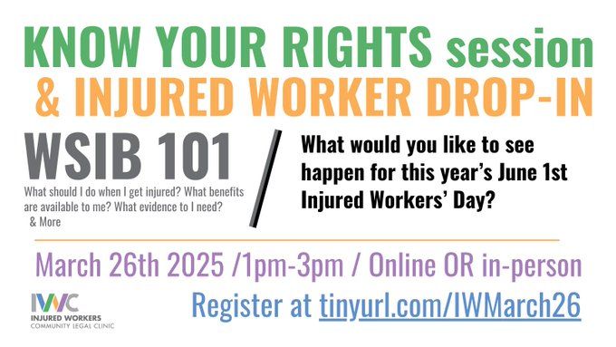 Educational and drop-in event this coming Wednesday
1pm: WSIB 101 - What benefits exist, how to appeal, etc. 
2pm: What message(s) should injured workers deliver on June 1st Injured Workers' Day? 
Online or in person in Toronto. Register here: us02web.zoom.us/meeting/regist…