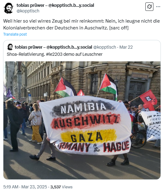 KaterHofmann's tweet photo. Tobias Prüwer aus Sachsen denkt, Auschwitz und die deutschen Kolonialverbrechen wären ein Witz.
#le2603 #le2203 #un194 https://t.co/80XMMGHs2d