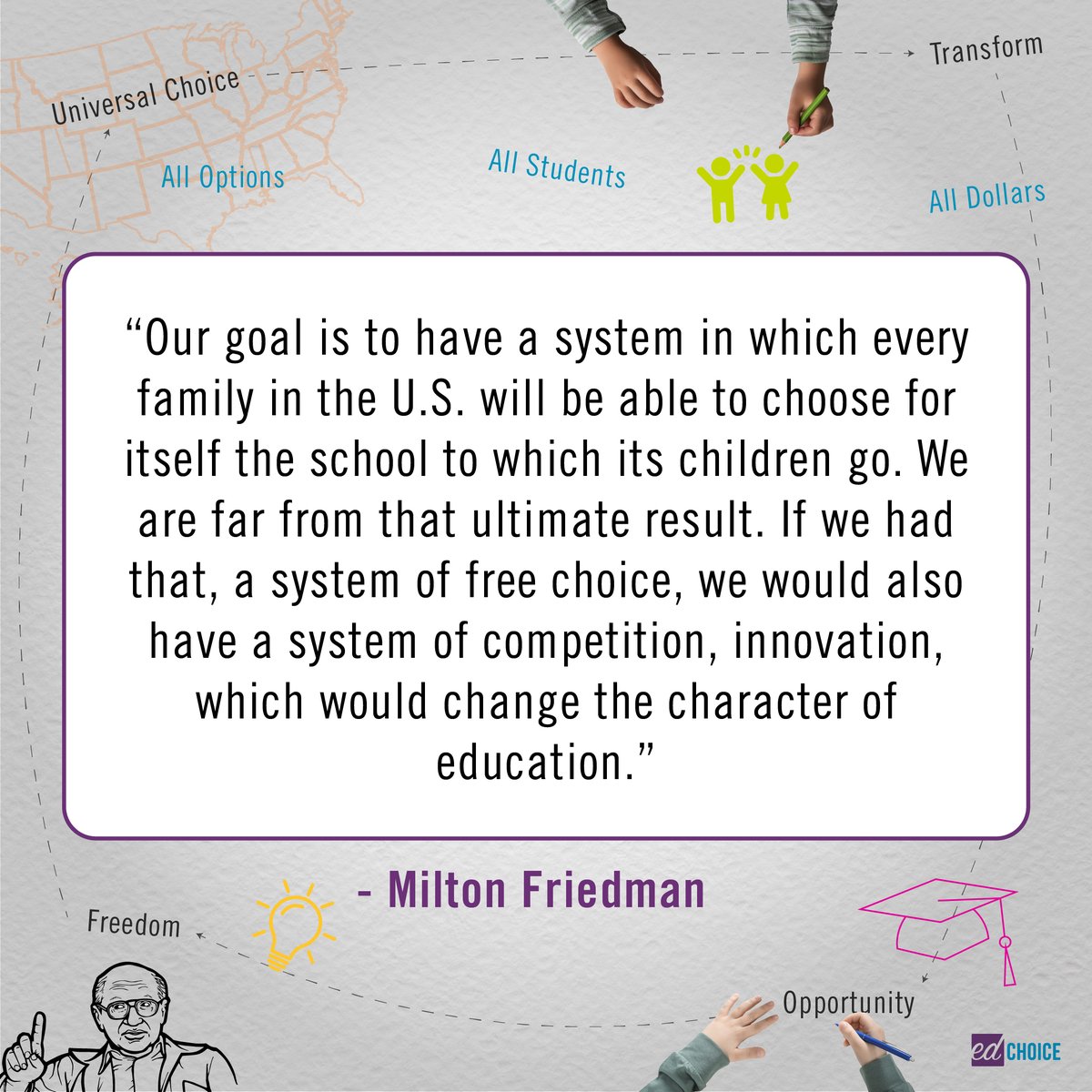 Innovation; competitive educational marketplace; transformational change; flexibility; freedom; breaking the monopoly; access, usage, and awareness. 

EdChoice is committed to pursuing the future envisioned by Milton Friedman: one in which all families have the freedom to choose