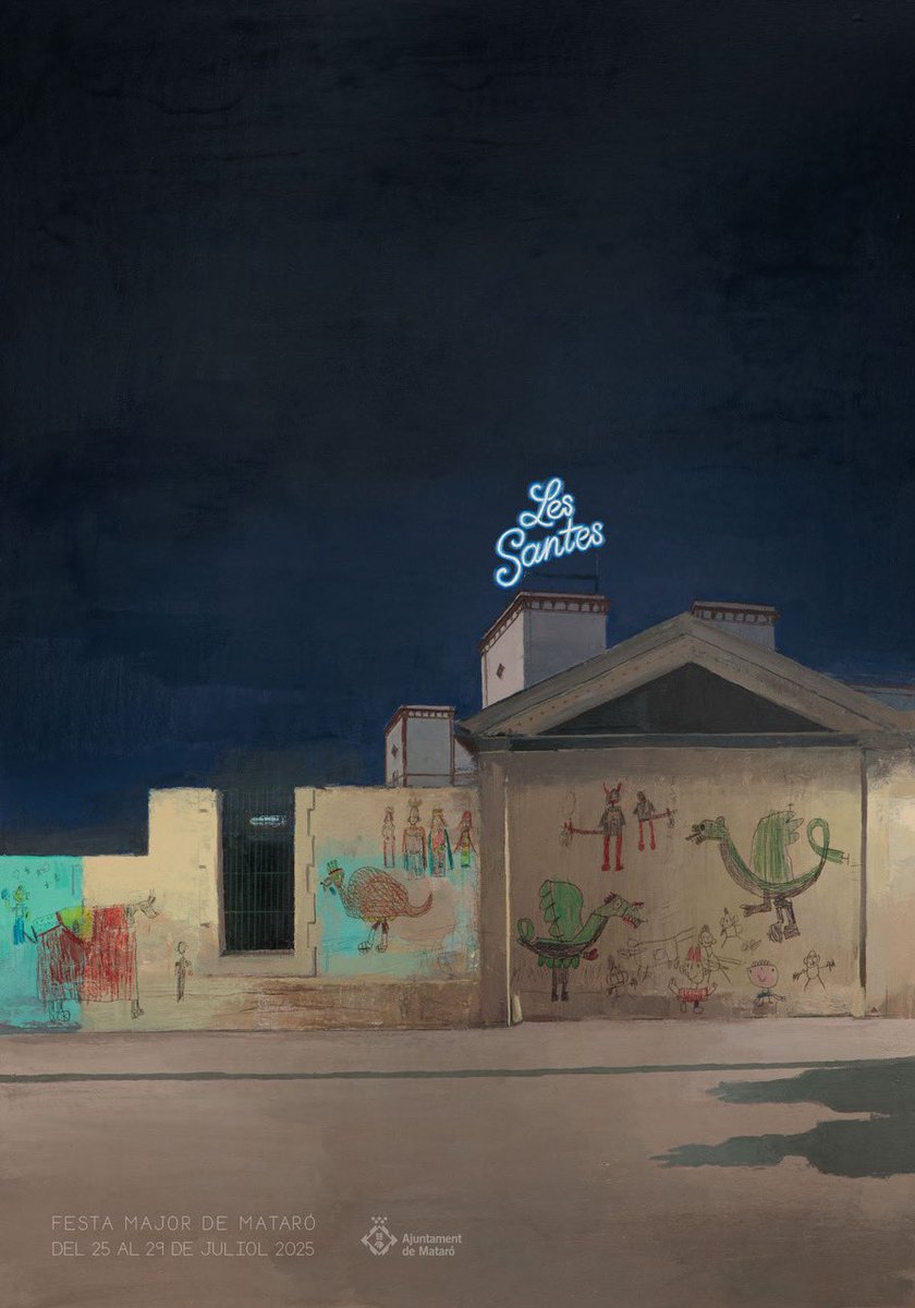 🎨 El cartell és fidel a l'estil d'<a href="/garciaperezana/">Ana García Pérez</a>. Recrea una escena nocturna on hi apareix un carrer i l'antiga fàbrica de Can Marfà, espai referent de Les Santes, amb el mur pintat amb grafitis infantils que recreen l'imaginari de la festa major de Mataró