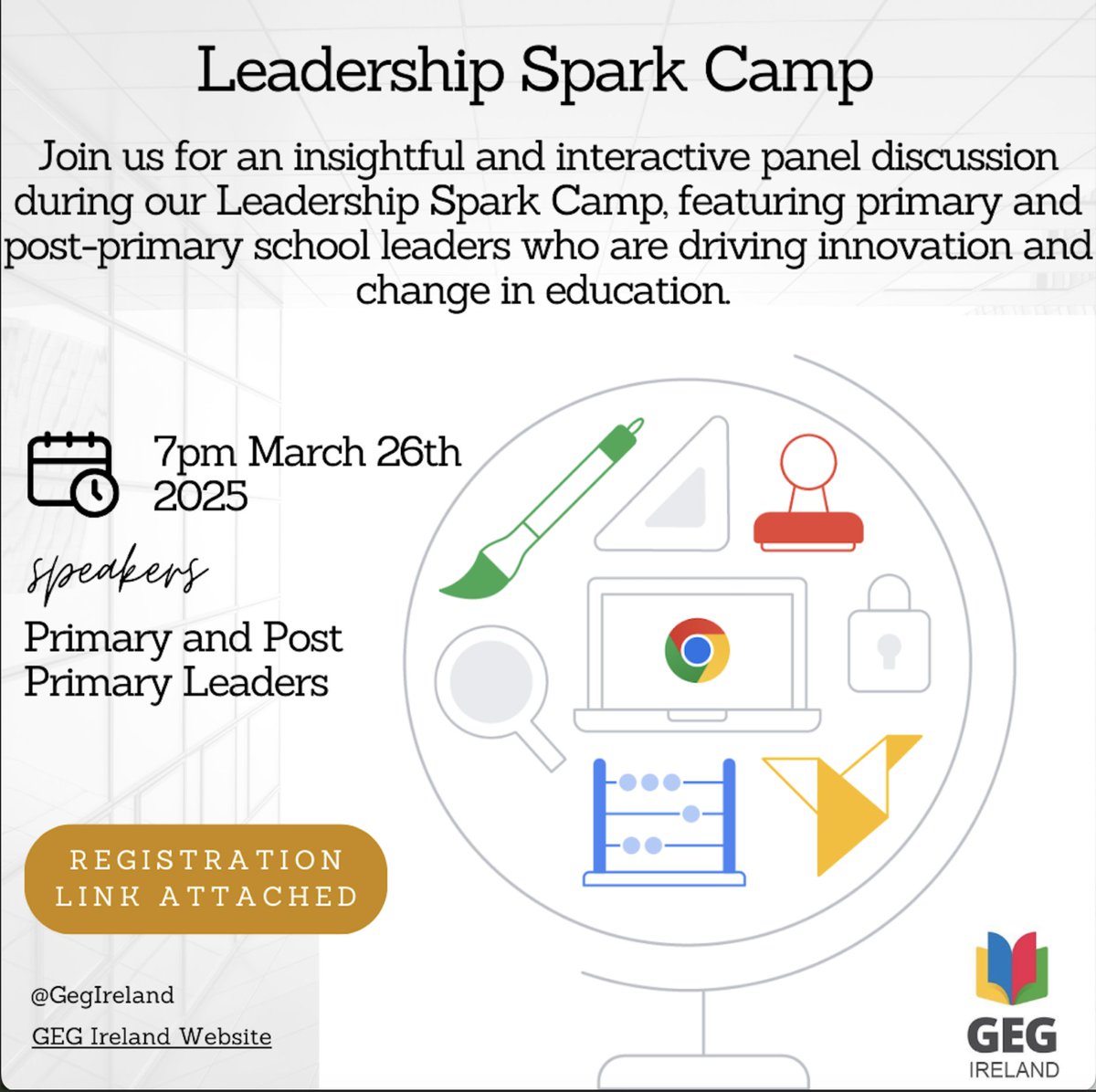 Ciara Ní Dhrisceoil (@gcleolaiocht) on Twitter photo We are very excited about our Leadership Spark Camp on the 26th of March at 7 pm. We have a fantastic growing panel of leaders, including
⭐<a href="/AudreyCooney1/">Audrey Cooney</a>
⭐<a href="/joeshortt/">Joe Shortt</a>
⭐<a href="/lmccooldp/">Lorraine McCool</a>
⭐<a href="/classinsightirl/">Class Insight</a>
Register here: shorturl.at/5KFEw
<a href="/GegIreland/">GEGIreland</a>
@LimClareETB We are very excited about our Leadership Spark Camp on the 26th of March at 7 pm. We have a fantastic growing panel of leaders, including
⭐<a href="/AudreyCooney1/">Audrey Cooney</a>
⭐<a href="/joeshortt/">Joe Shortt</a>
⭐<a href="/lmccooldp/">Lorraine McCool</a>
⭐<a href="/classinsightirl/">Class Insight</a>
Register here: shorturl.at/5KFEw
<a href="/GegIreland/">GEGIreland</a>
@LimClareETB