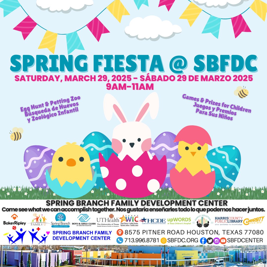 SBFDC (@sbfdcenter) on Twitter photo This Saturday (3/29) at 9AM! <a href="/SBFDCenter/">SBFDC</a> Spring Fiesta!
¡Este Sábado (29/3) a las 9AM! ¡#SBFDCenter Spring Fiesta!
w/ <a href="/BakerRipley/">BakerRipley</a>, <a href="/SBCHChealth/">Spring Branch Community Health Center</a> <a href="/bgcghouston/">Boys & Girls Clubs of Greater Houston</a>, <a href="/UTHealthWIC/">UTHealthWICProgram</a> <a href="/HCDEtx/">Harris County Department of Education</a> <a href="/_Family_Houston/">Family Houston</a> <a href="/harriscountypl/">Harris County Public Library</a> <a href="/CuriosityCruis1/">Curiosity Cruiser</a> <a href="/CHCTexas/">Community Health Choice</a> <a href="/HoustonFoodBank/">Houston Food Bank</a> <a href="/RepPennyMShaw/">Rep. Penny Morales Shaw</a> This Saturday (3/29) at 9AM! <a href="/SBFDCenter/">SBFDC</a> Spring Fiesta!
¡Este Sábado (29/3) a las 9AM! ¡#SBFDCenter Spring Fiesta!
w/ <a href="/BakerRipley/">BakerRipley</a>, <a href="/SBCHChealth/">Spring Branch Community Health Center</a> <a href="/bgcghouston/">Boys & Girls Clubs of Greater Houston</a>, <a href="/UTHealthWIC/">UTHealthWICProgram</a> <a href="/HCDEtx/">Harris County Department of Education</a> <a href="/_Family_Houston/">Family Houston</a> <a href="/harriscountypl/">Harris County Public Library</a> <a href="/CuriosityCruis1/">Curiosity Cruiser</a> <a href="/CHCTexas/">Community Health Choice</a> <a href="/HoustonFoodBank/">Houston Food Bank</a> <a href="/RepPennyMShaw/">Rep. Penny Morales Shaw</a>