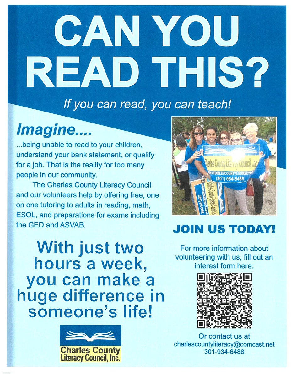 Join Charles County Literacy! We seek volunteer tutors passionate about education to share their skills and uplift others. Help build a literate, connected community and impact lives positively.