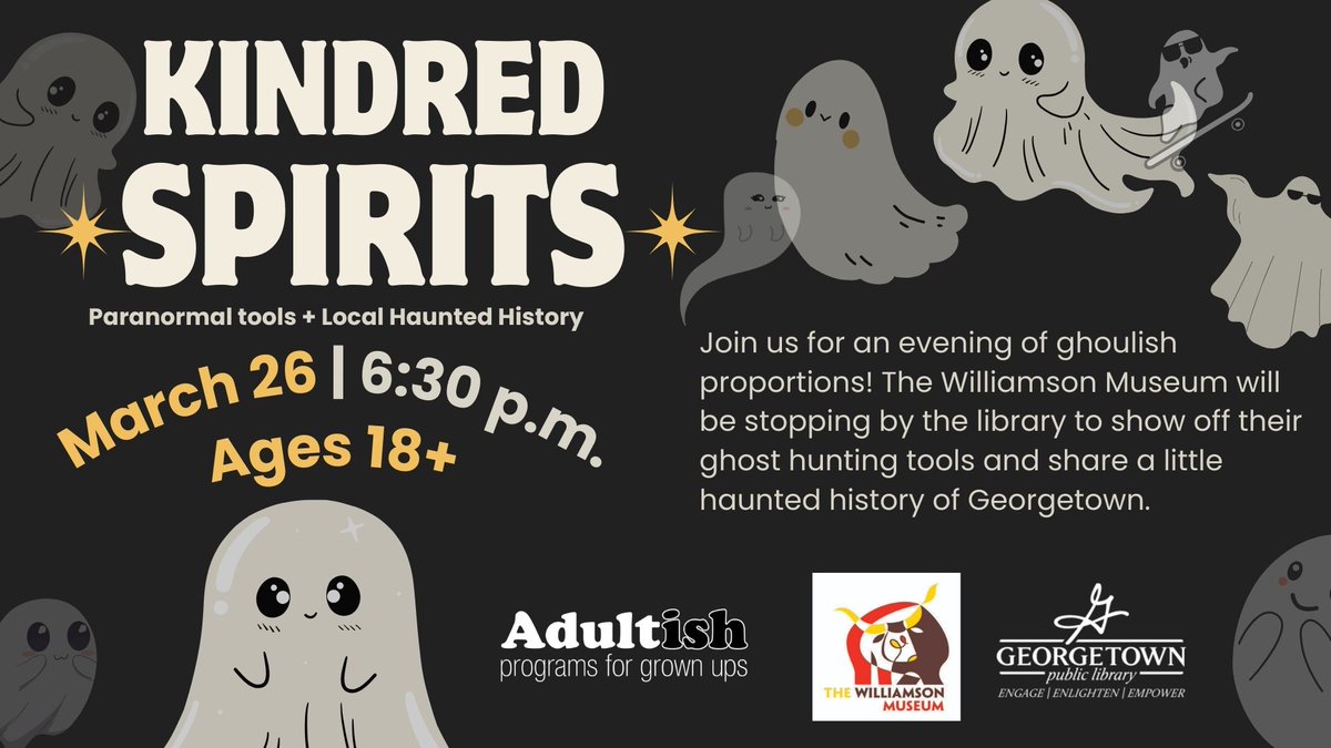 Georgetown Library (@gtpubliclibrary) on Twitter photo THIS Wednesday, March 26 at 6:30 p.m., we'll be hosting <a href="/williamsonmuse/">Williamson Museum</a> for a night of haunted history and ghost-hunting gadgets! They will be sharing eerie tales from Georgetown’s past. Attend...if you dare. 😨 THIS Wednesday, March 26 at 6:30 p.m., we'll be hosting <a href="/williamsonmuse/">Williamson Museum</a> for a night of haunted history and ghost-hunting gadgets! They will be sharing eerie tales from Georgetown’s past. Attend...if you dare. 😨