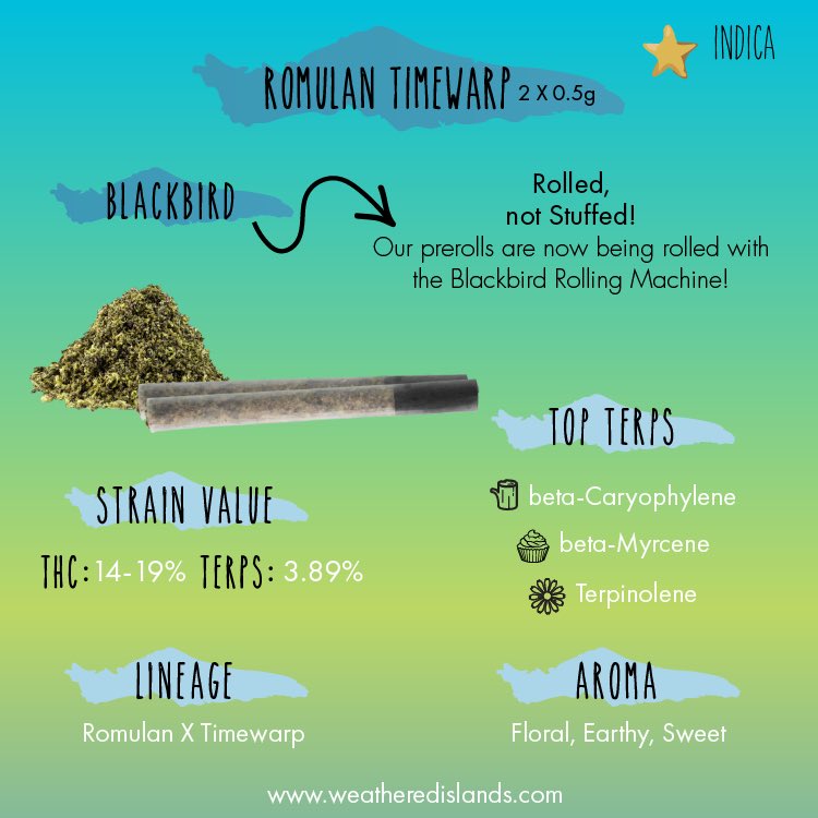 WeatherdIslands's tweet photo. ITS BACK! It sold out the first week. This super terpene heavy (4%) dream boat is back.  As per usual all our products are #livingsoilorganic #sungrown #handcrafted #straightcut #prerolls 
The Romulan Timewarp is out of this world #👽 https://t.co/b7rgH5qXAD