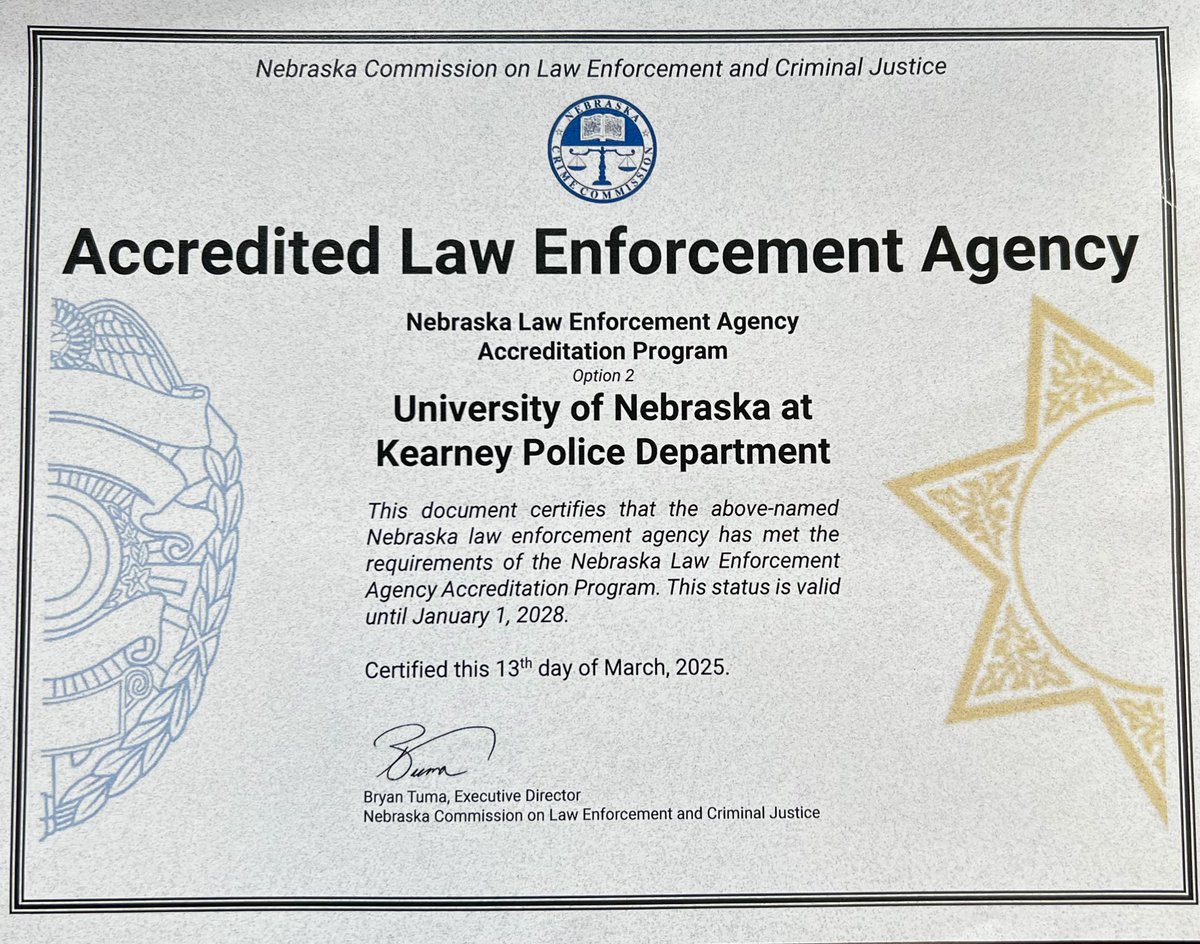 UNK PD is proud to announce a big step forward. Our team has worked hard to improve our service over the last 2 years. We are now a state-accredited police department. This is a key moment for both UNK and UNK PD. The accreditation shows our commitment to the safety of the UNK !