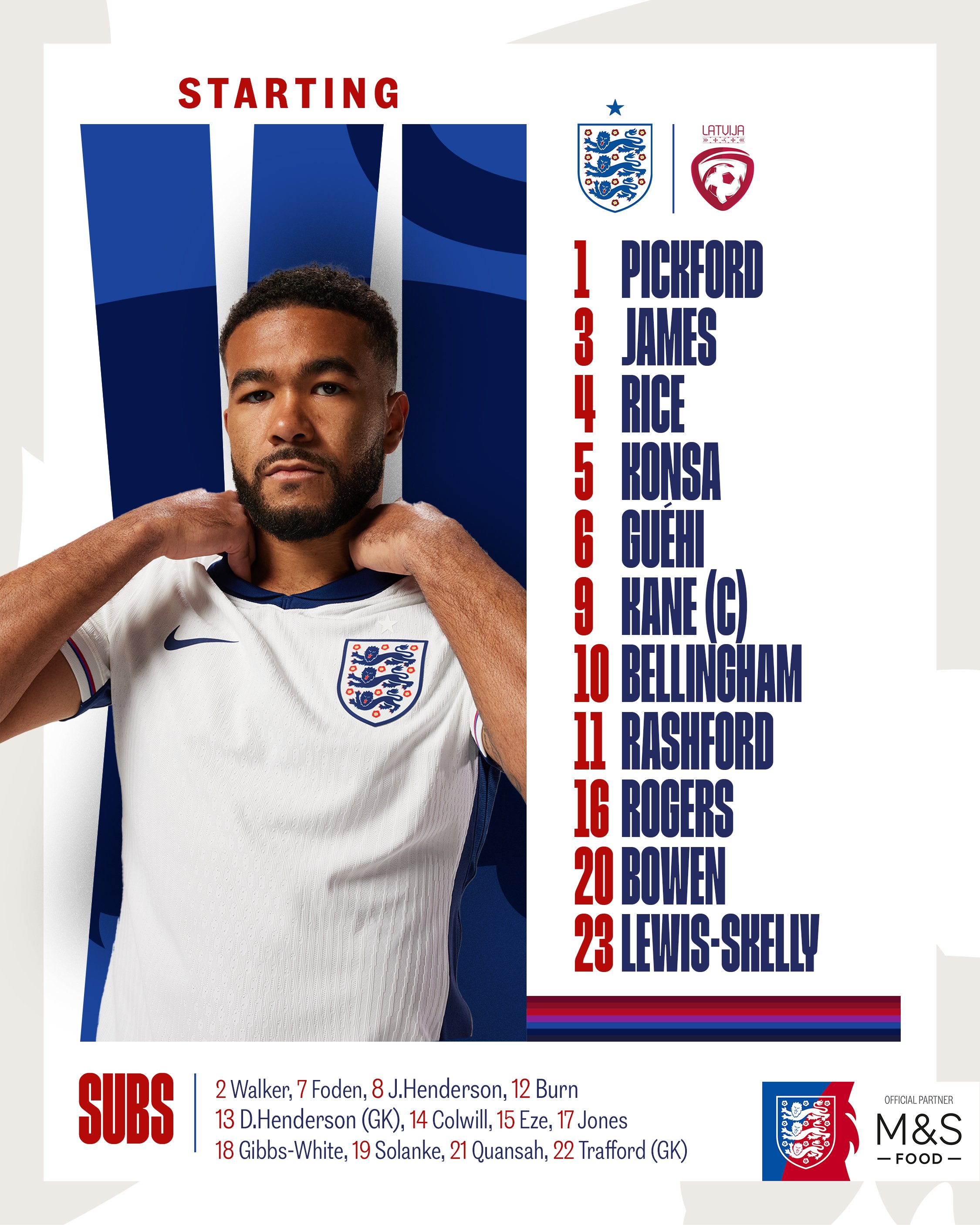 1 Pickford, 3 James, 4 Rice, 5 Konsa, 6 Guéhi, 9 Kane (C), 10 Bellingham, 11 Rashford, 16 Rogers, 20 Bowen, 23 Lewis-Skelly