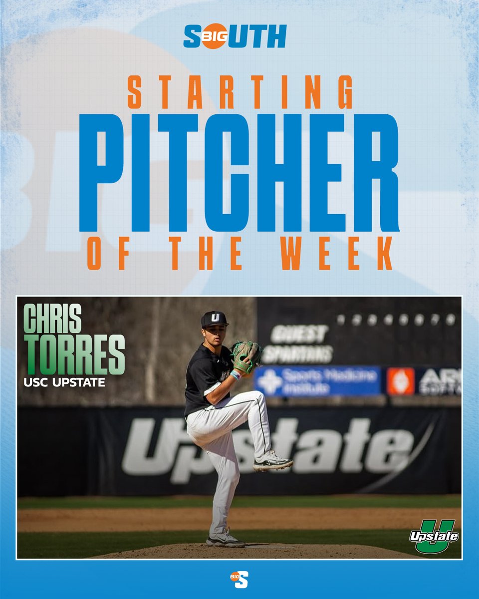 Big South Conference (@bigsouthsports) on Twitter photo He put together a career-best outing 🔥 tossing 6️⃣ innings and striking out 🔟 while not allowing a run
<a href="/UpstateBSB/">USC Upstate Baseball</a>'s Chris Torres is the #BigSouthBase Starting Pitcher of the Week! He put together a career-best outing 🔥 tossing 6️⃣ innings and striking out 🔟 while not allowing a run
<a href="/UpstateBSB/">USC Upstate Baseball</a>'s Chris Torres is the #BigSouthBase Starting Pitcher of the Week!