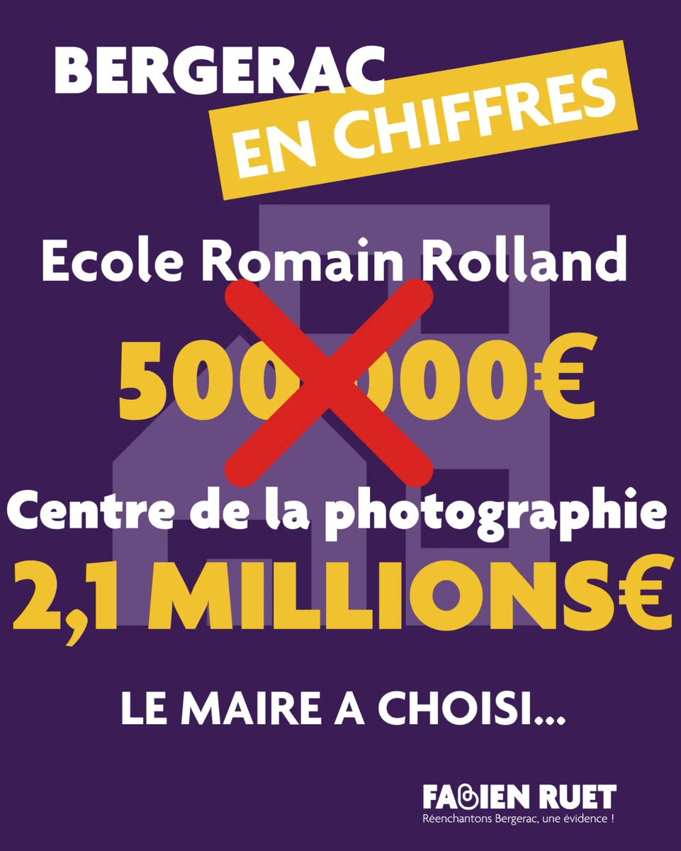 🚧Des chiffres et des choix 💶]

Des choix politiques que nous n'oublions pas. Fermer une école au motif de dépenser 500.000 euros de travaux de mises aux normes pour la remplacer par un Centre de la photo à plus de 2,1 millions d'euros. Chacun jugera en son temps.#BERGERAC