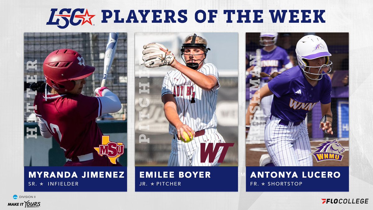 Lone Star Conference (@lonestarconf) on Twitter photo #LSCsb Players of the Week โ March 24 ๐ฅ
Hitter: Myranda Jimenez, <a href="/MSUMustangs/">MSU Mustangs</a>
Pitcher: Emilee Boyer, @WTBuffNation
Freshman: Antonya Lucero, <a href="/WNMUathletics/">WNMU Mustangs</a>
๐ bit.ly/4kVNP51
#D2sb <a href="/FloCollege/">FloCollege</a> #LSCsb Players of the Week โ March 24 ๐ฅ
Hitter: Myranda Jimenez, <a href="/MSUMustangs/">MSU Mustangs</a>
Pitcher: Emilee Boyer, @WTBuffNation
Freshman: Antonya Lucero, <a href="/WNMUathletics/">WNMU Mustangs</a>
๐ bit.ly/4kVNP51
#D2sb <a href="/FloCollege/">FloCollege</a>