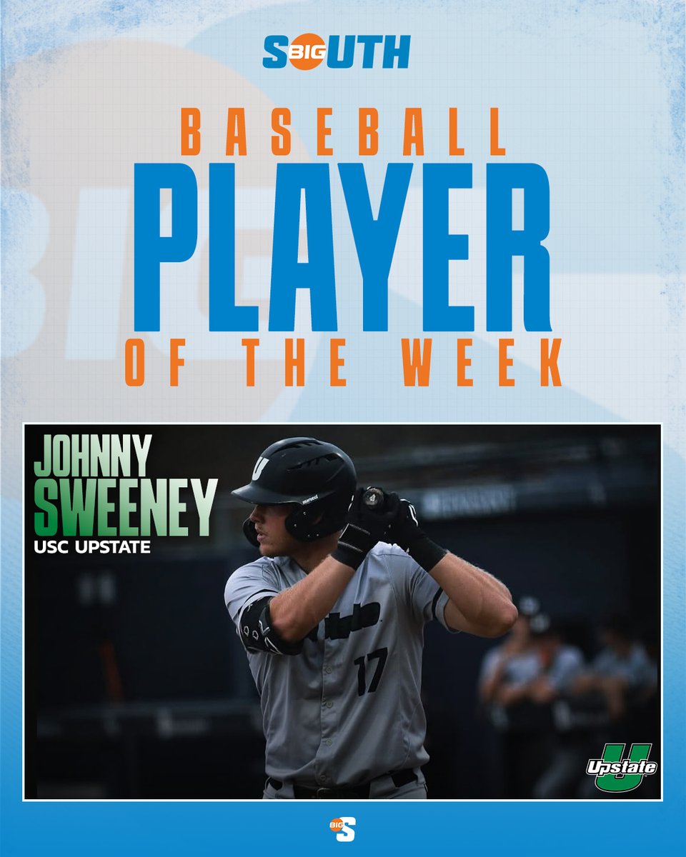 Big South Conference (@bigsouthsports) on Twitter photo He slashed a remarkable .900/.929/2.000 with six runs, nine RBI, two doubles, and 3️⃣ home runs to power USC Upstate to a three-game sweep of CSU 🧹
<a href="/UpstateBSB/">USC Upstate Baseball</a>'s Johnny Sweeney is the #BigSouthBase Player of the Week! He slashed a remarkable .900/.929/2.000 with six runs, nine RBI, two doubles, and 3️⃣ home runs to power USC Upstate to a three-game sweep of CSU 🧹
<a href="/UpstateBSB/">USC Upstate Baseball</a>'s Johnny Sweeney is the #BigSouthBase Player of the Week!