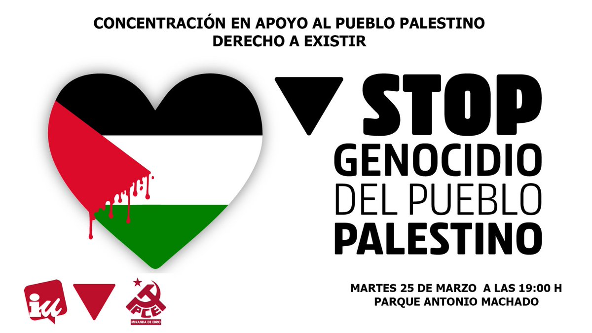 El Estado genocida de Israel ha violado el alto el fuego en Gaza, asesinando nuevamente a civiles incrementando a más de 62.000 los asesinatos perpetrados, miles de ellos niños y niñas.

No podemos quedarnos paradas y #MirandaDeEbro saldrá a la calle a las 19:00 en el Machado
