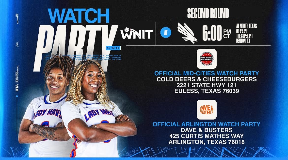 Can't make the trip to Denton, no worries, we got you covered with the official <a href="/UTAMAVS/">UTA Athletics</a> watch party! Cheer on your Lady Mavs in Round 2 of the <a href="/WomensNIT/">WNIT</a> at 6:00pm as they take on North Texas‼️

📍 Official Arlington Watch Party - Dave and Buster’s 📍 Official Mid Cities Watch