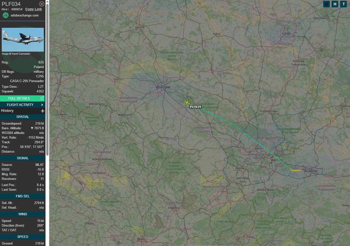 PolishMilRadar's tweet photo. ⌚️ 24.03 19:36LT
🇵🇱 Siły Powietrzne RP
✈️ CASA C-295M "025"
#PLF034 zniża ⬇️
🛫 Kraków Balice #EPKK
🛬 Wrocław #EPWR
🔗https://t.co/TIwAxECgXy
#POLMILRADAR https://t.co/wT9KgIVcS7