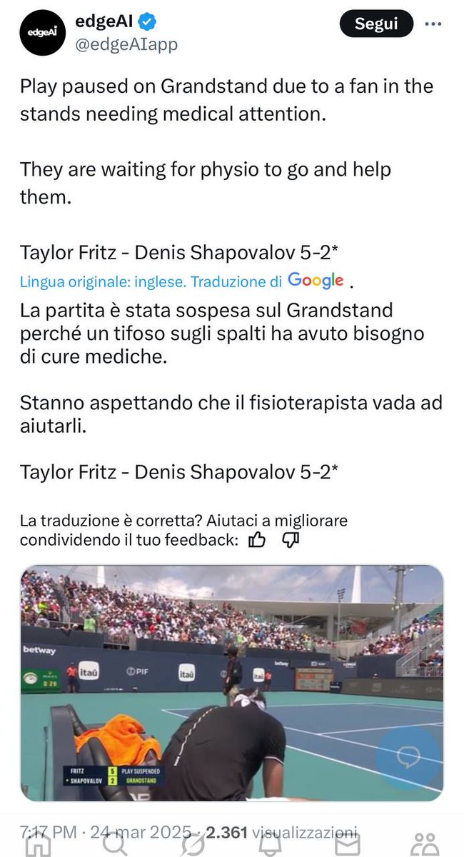 Gusti_Mauri's tweet photo. Miami Master 1000 Open. Negli ultimi due gg, sono stati sospesi due incontri per malori improvvisi di due spettatori.
Ieri si è sentito male uno spettatore durante l’incontro Dimitrov vs Kachanov e pochi minuti fa un altro malore improvviso durante l’incontro Fritz vs Shapovalov https://t.co/pkUJ1bcK0R